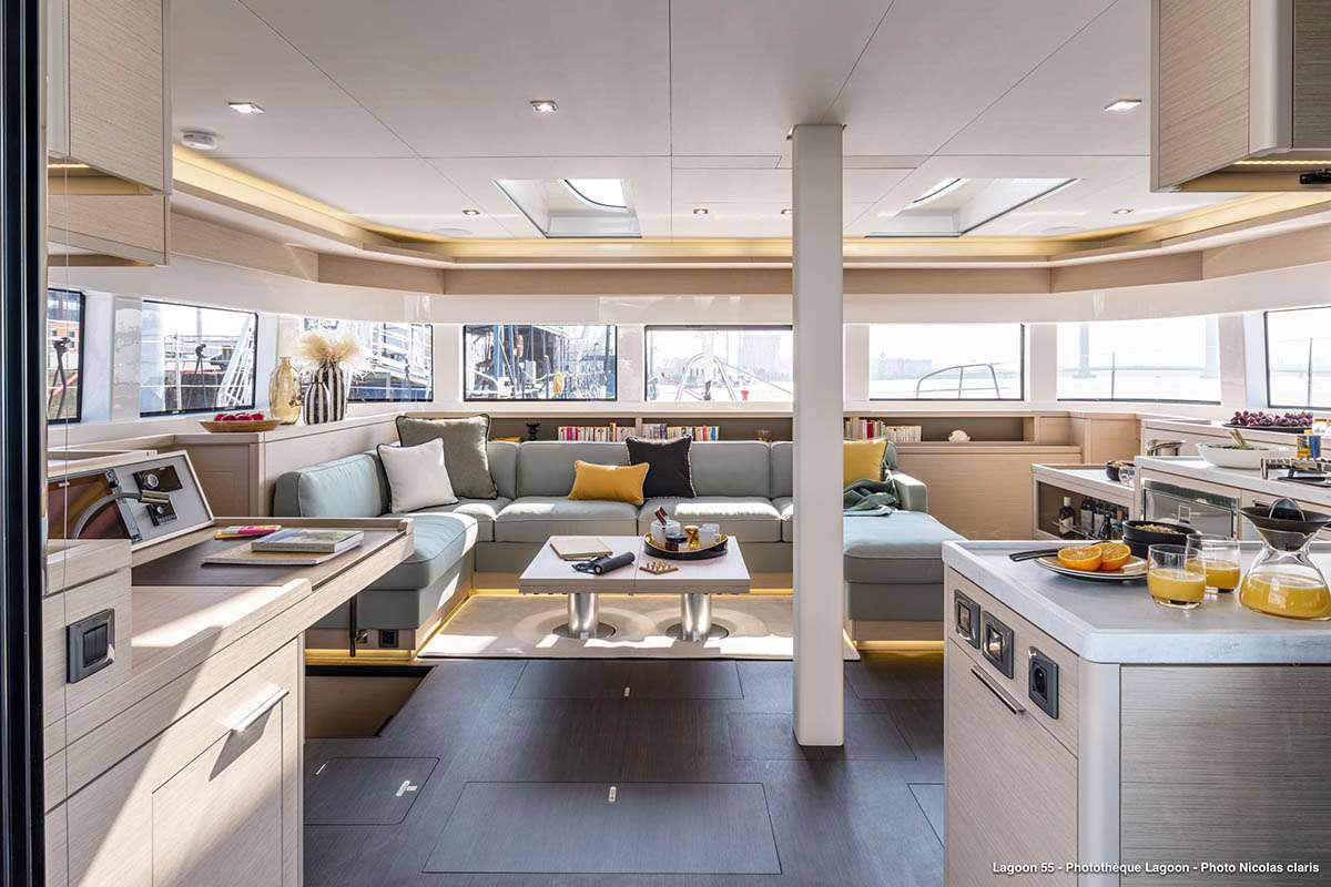 a kitchen and living room aboard VALINOR Yacht for Charter