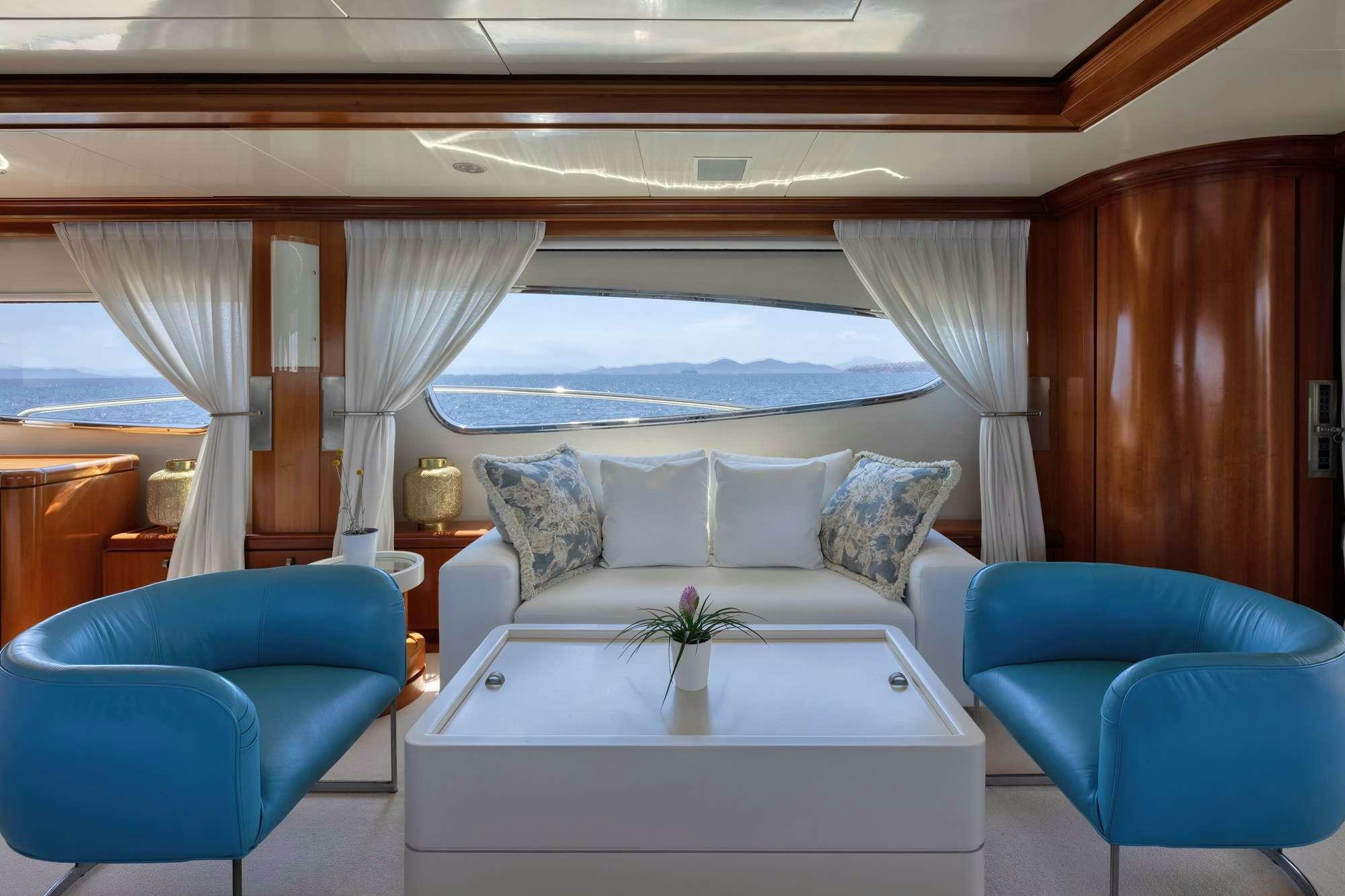 a living room with a large window aboard WHY Yacht for Charter