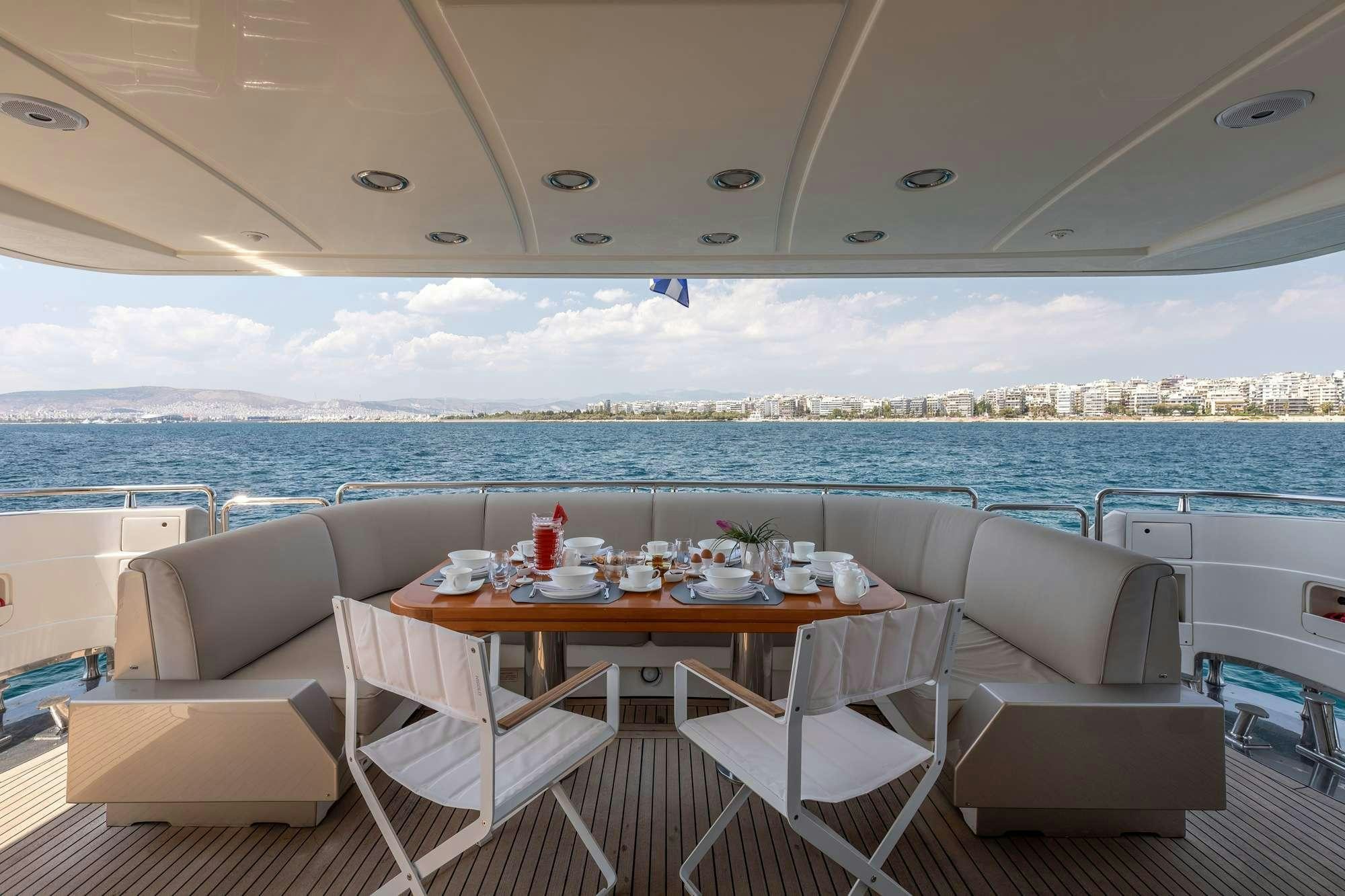 a table and chairs on a boat aboard WHY Yacht for Charter