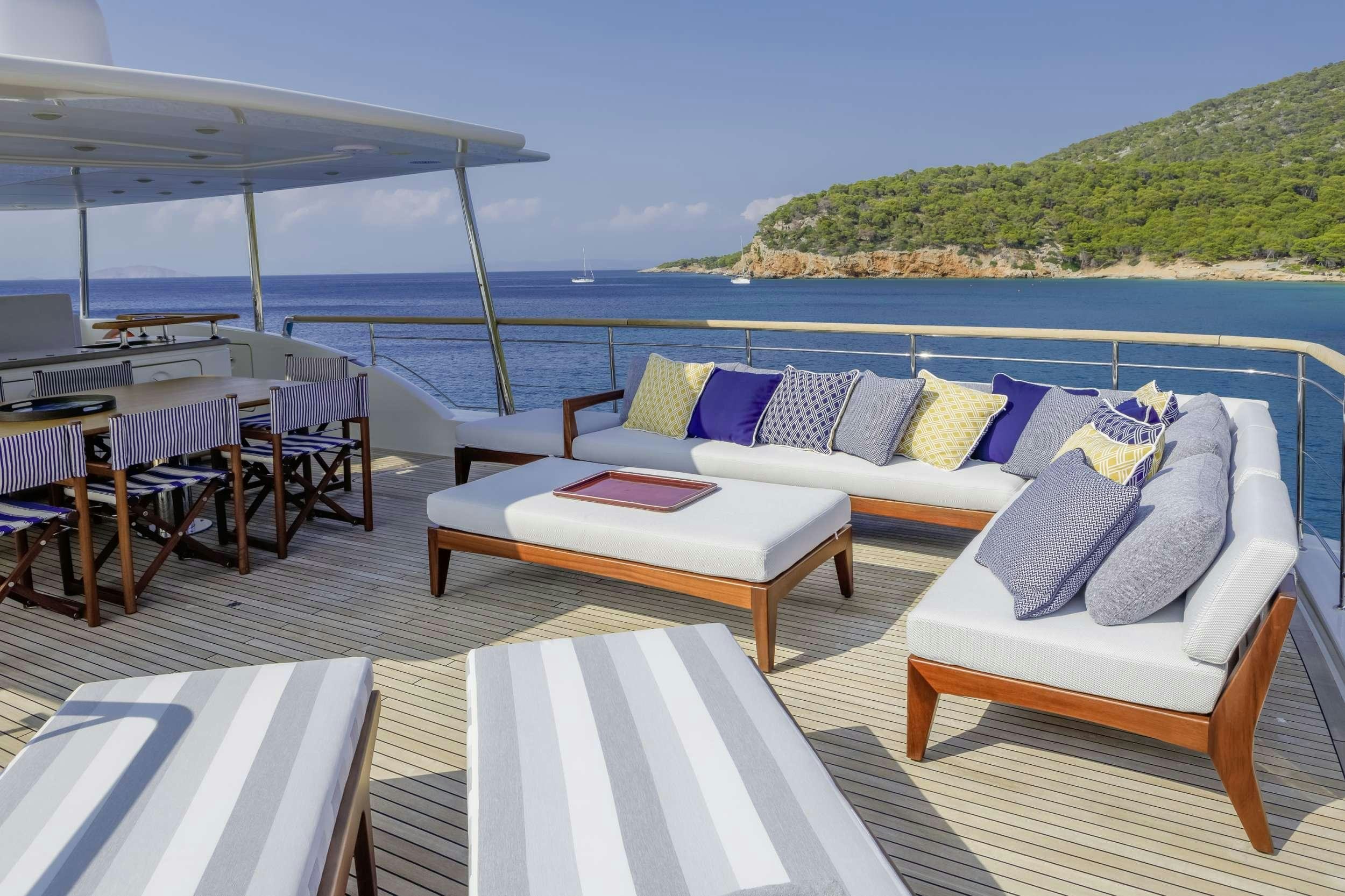 a deck with a view of the ocean and the ocean aboard ELYSIUM Yacht for Charter