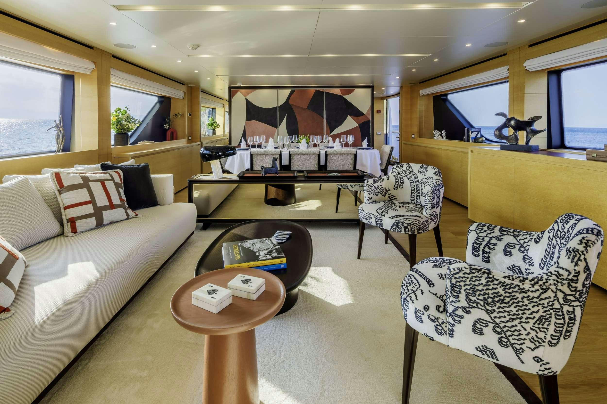 a living room with a couch and a coffee table aboard ELYSIUM Yacht for Charter
