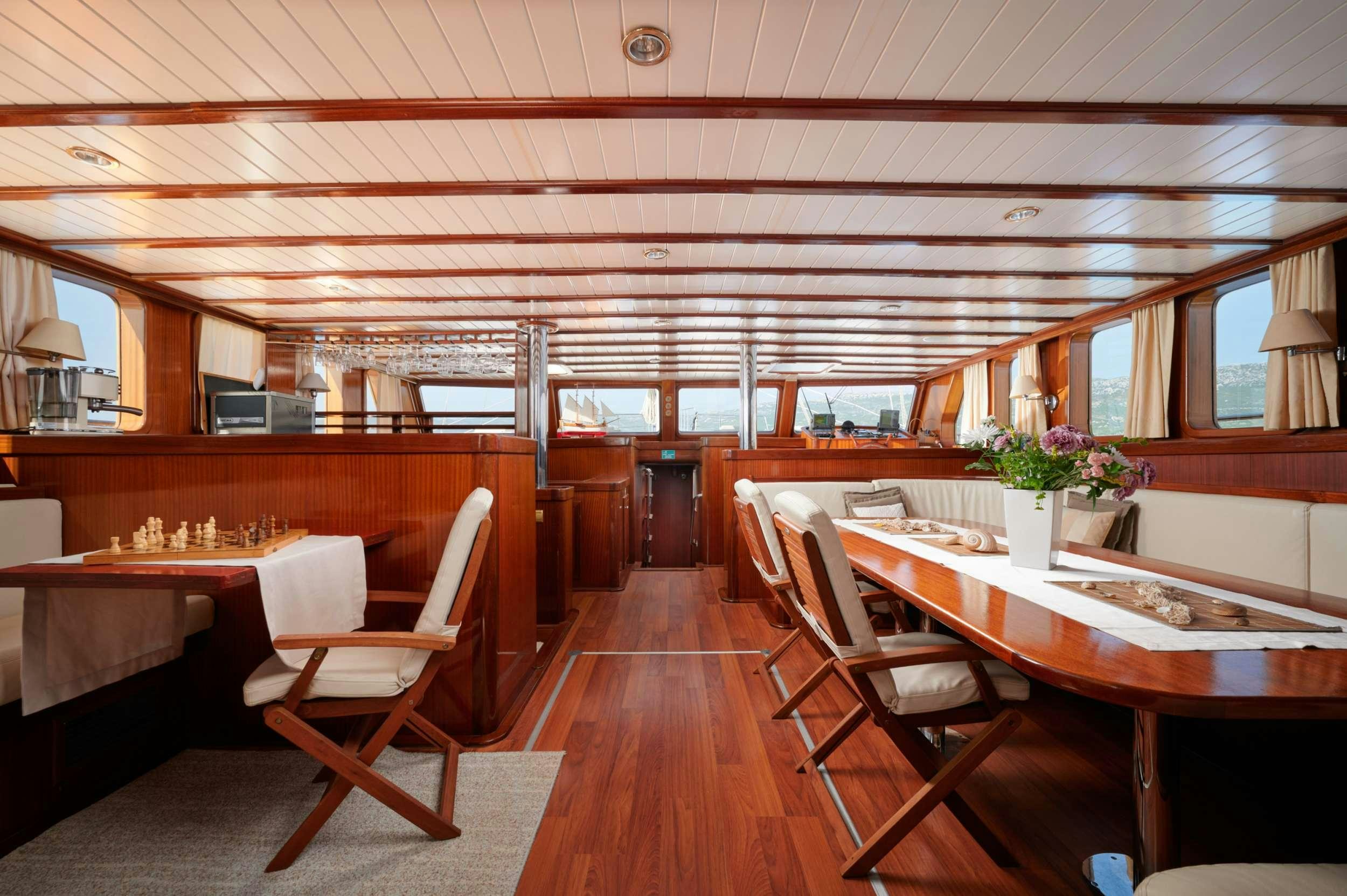 a room with tables and chairs aboard QUEEN OF ADRIATIC Yacht for Charter