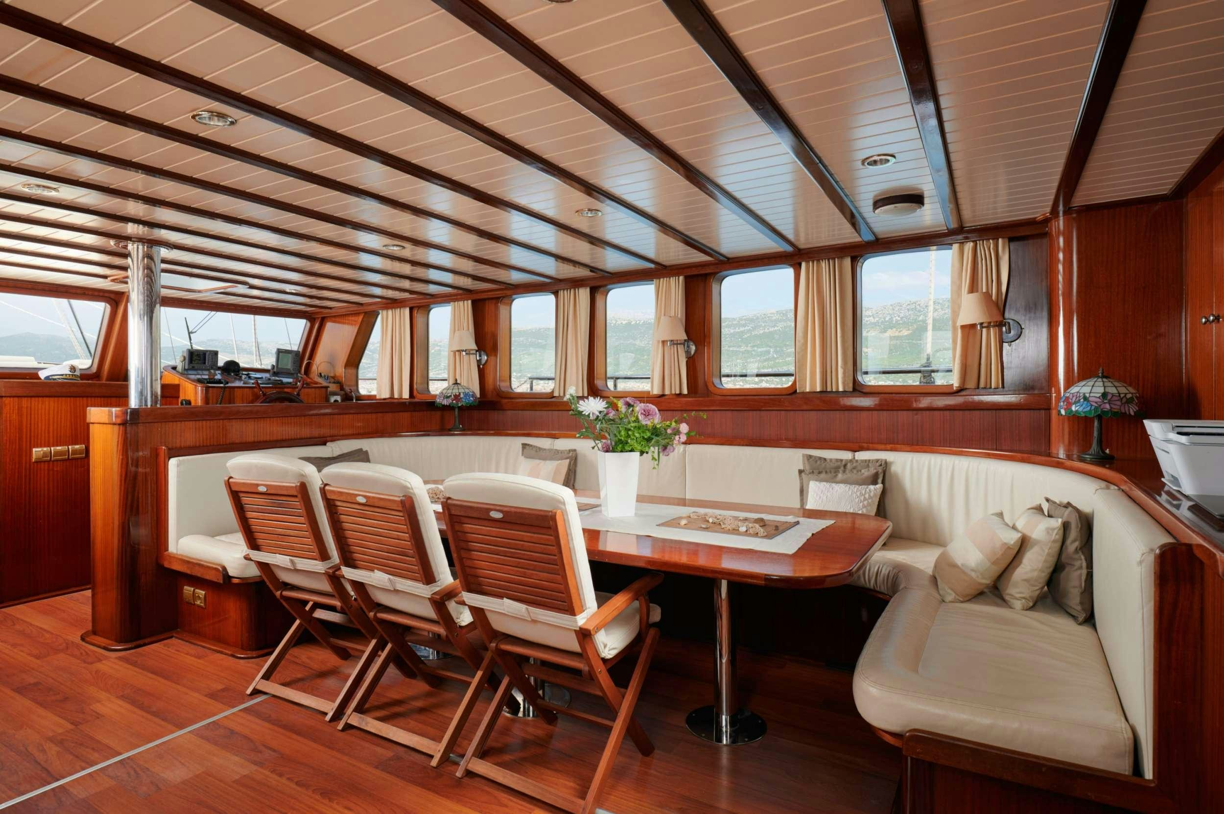 a room with a table and chairs aboard QUEEN OF ADRIATIC Yacht for Charter