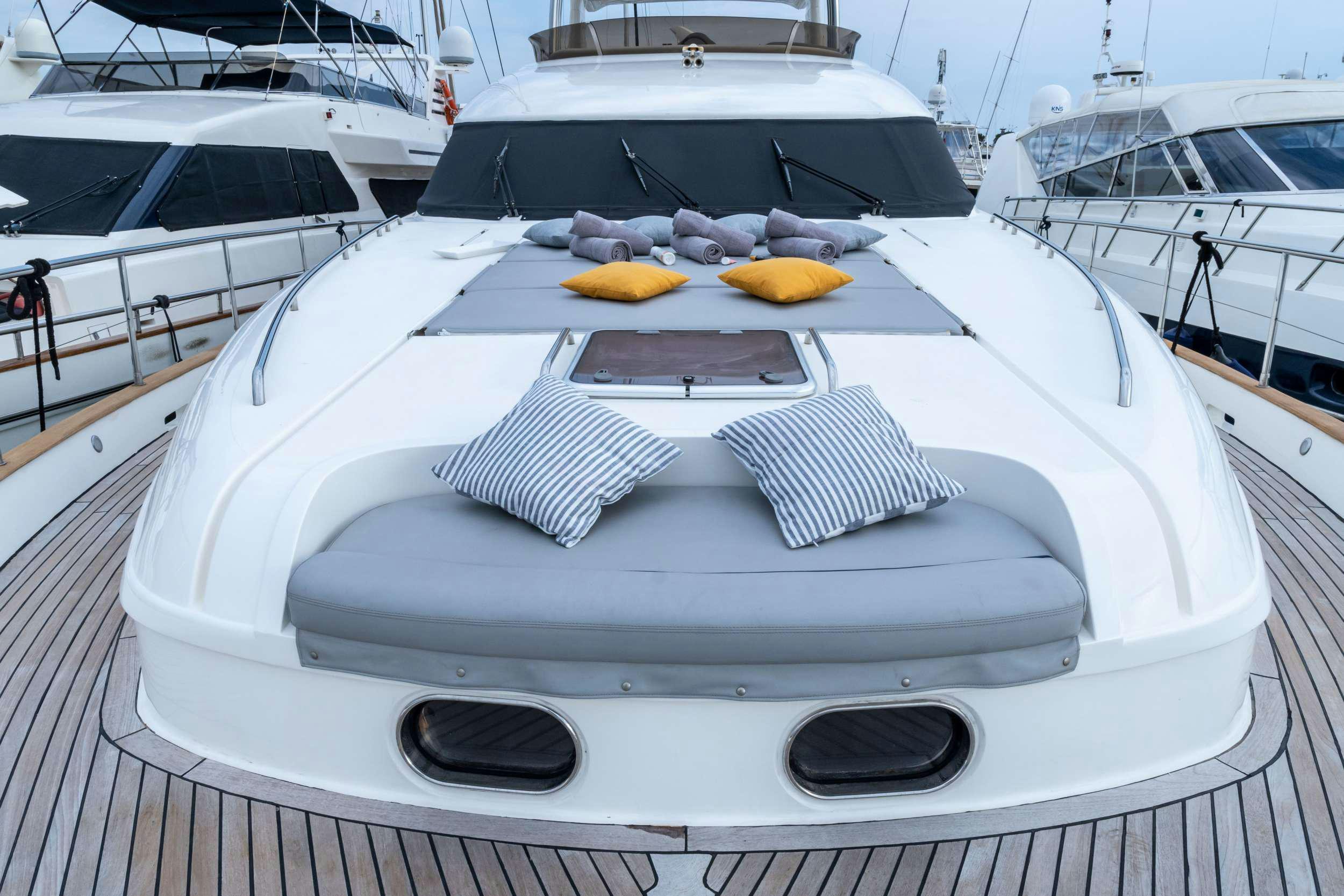 a white boat with a black and white striped roof aboard GEKTOR Yacht for Charter