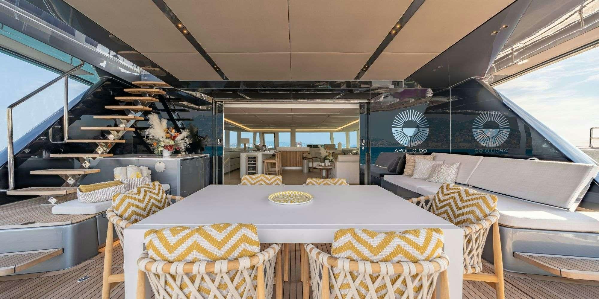 a large kitchen with a table aboard APOLLO 99 Yacht for Charter