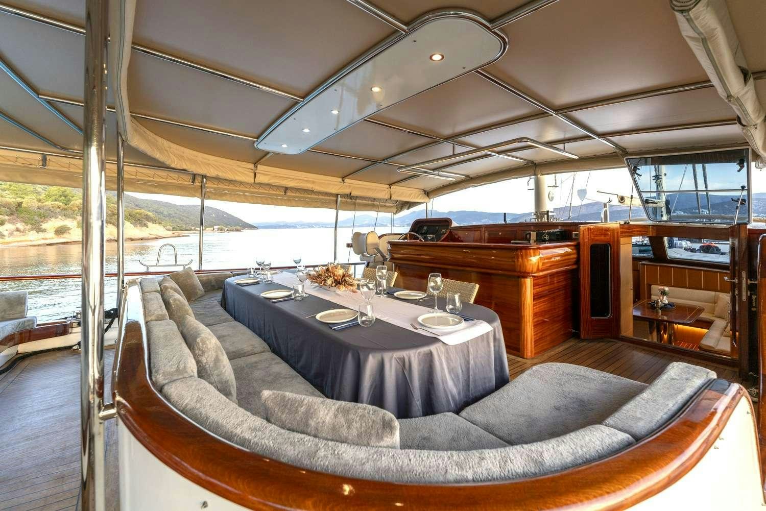 a living room with a large window aboard GOZDEM THE ONE Yacht for Charter