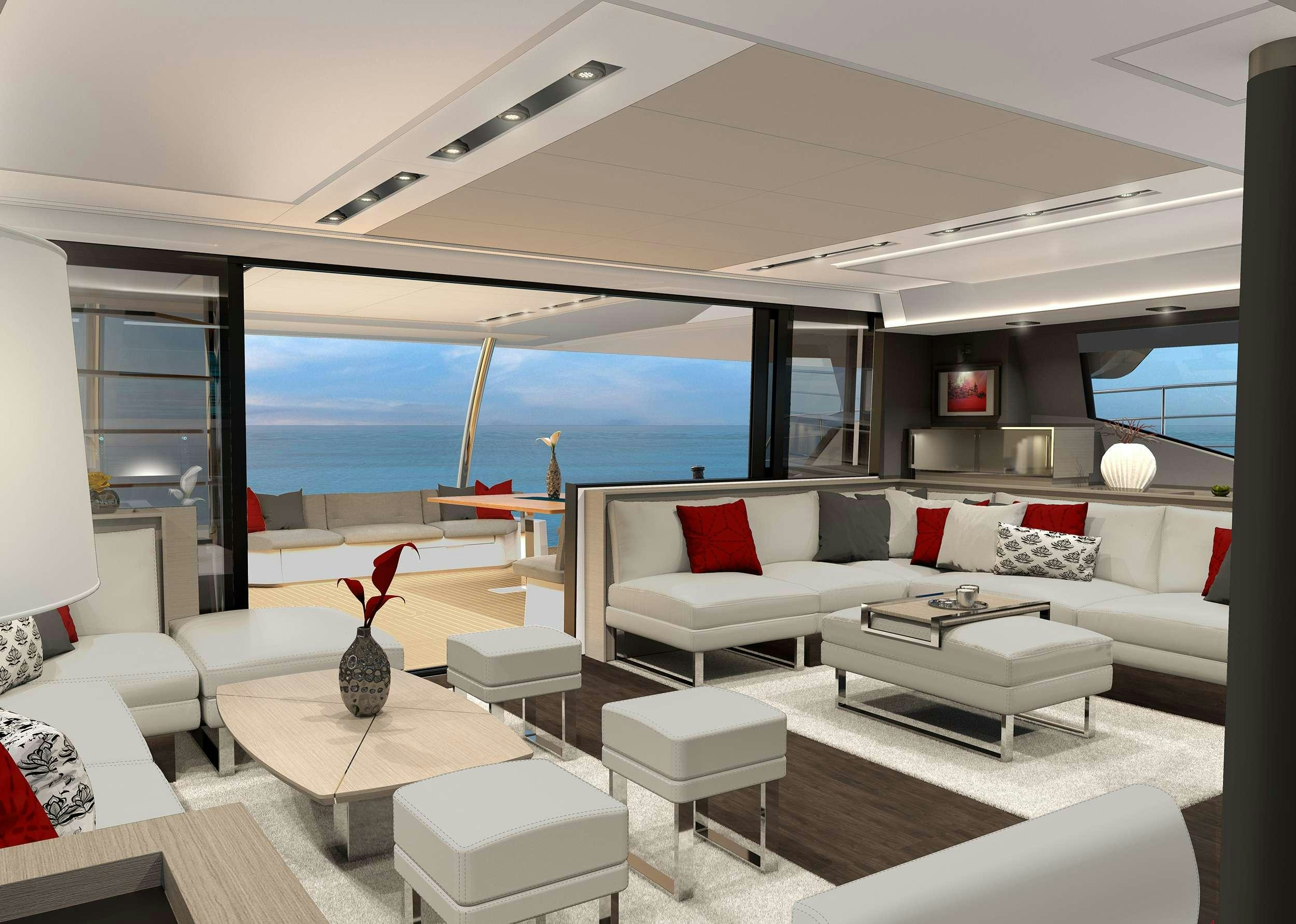 a living room with a large window aboard D2 Yacht for Charter