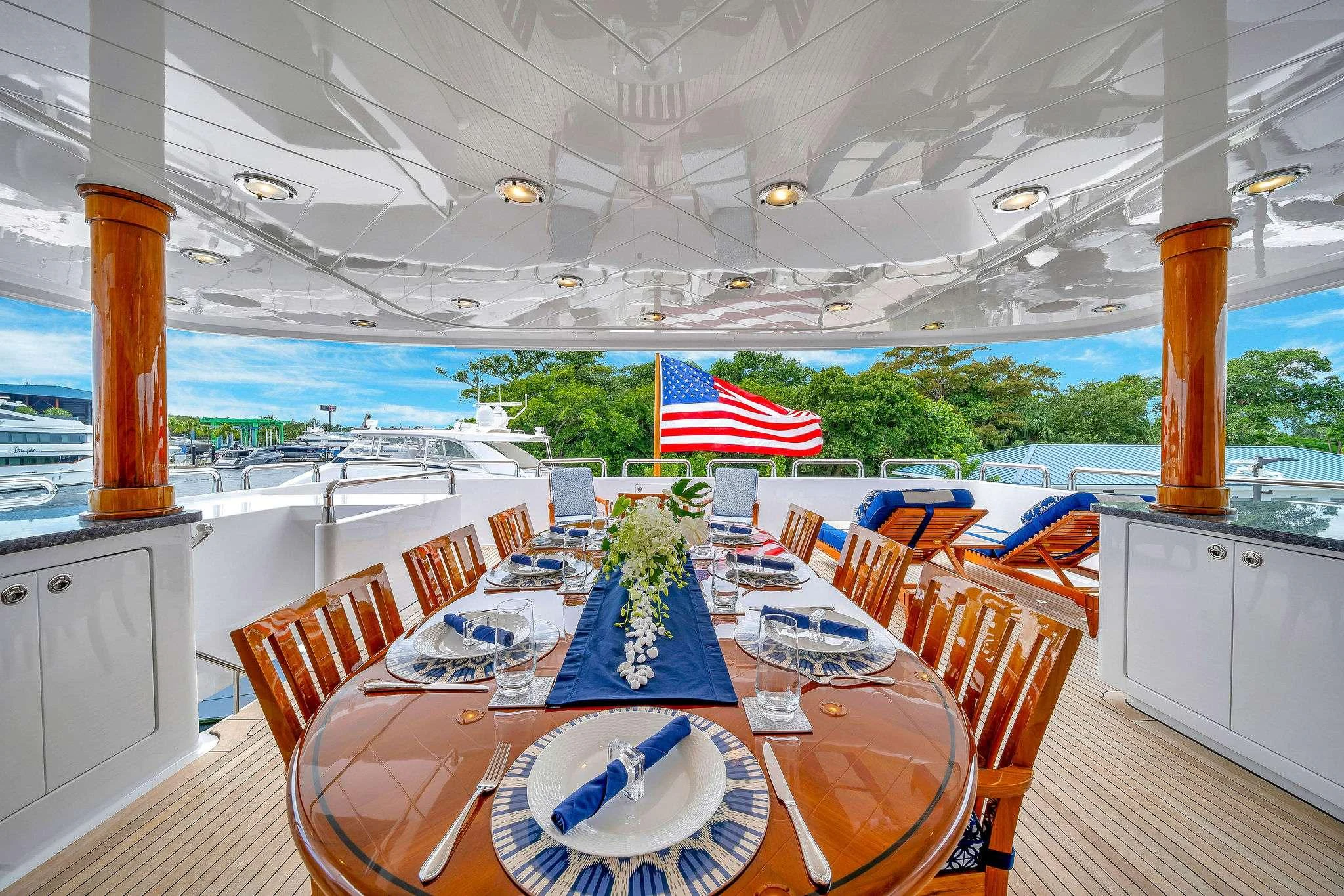 a large room with tables and chairs aboard VALHALLA Yacht for Charter