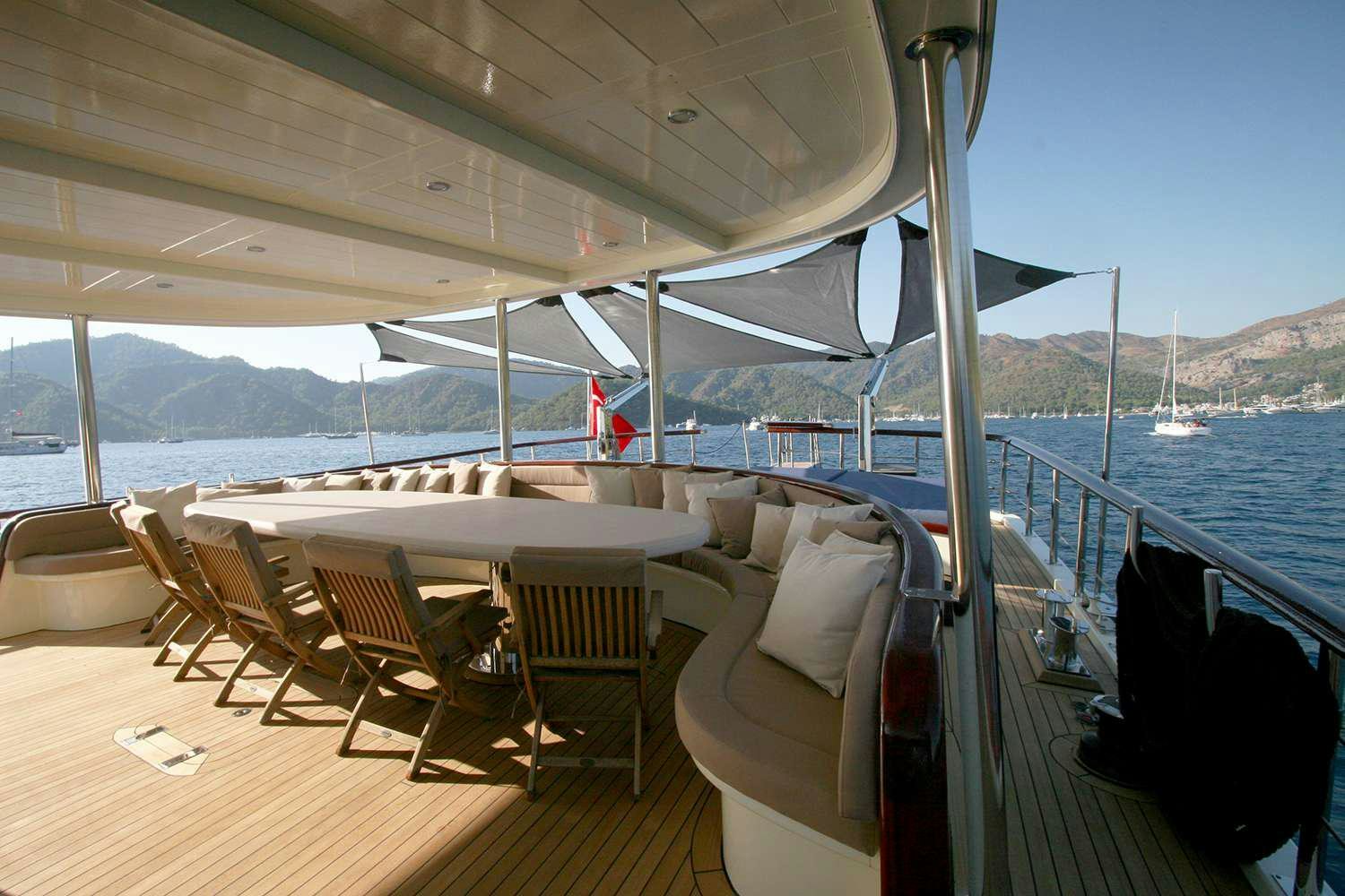 a deck with a large body of water and a large boat in the background aboard ALWAYS SMILE Yacht for Charter
