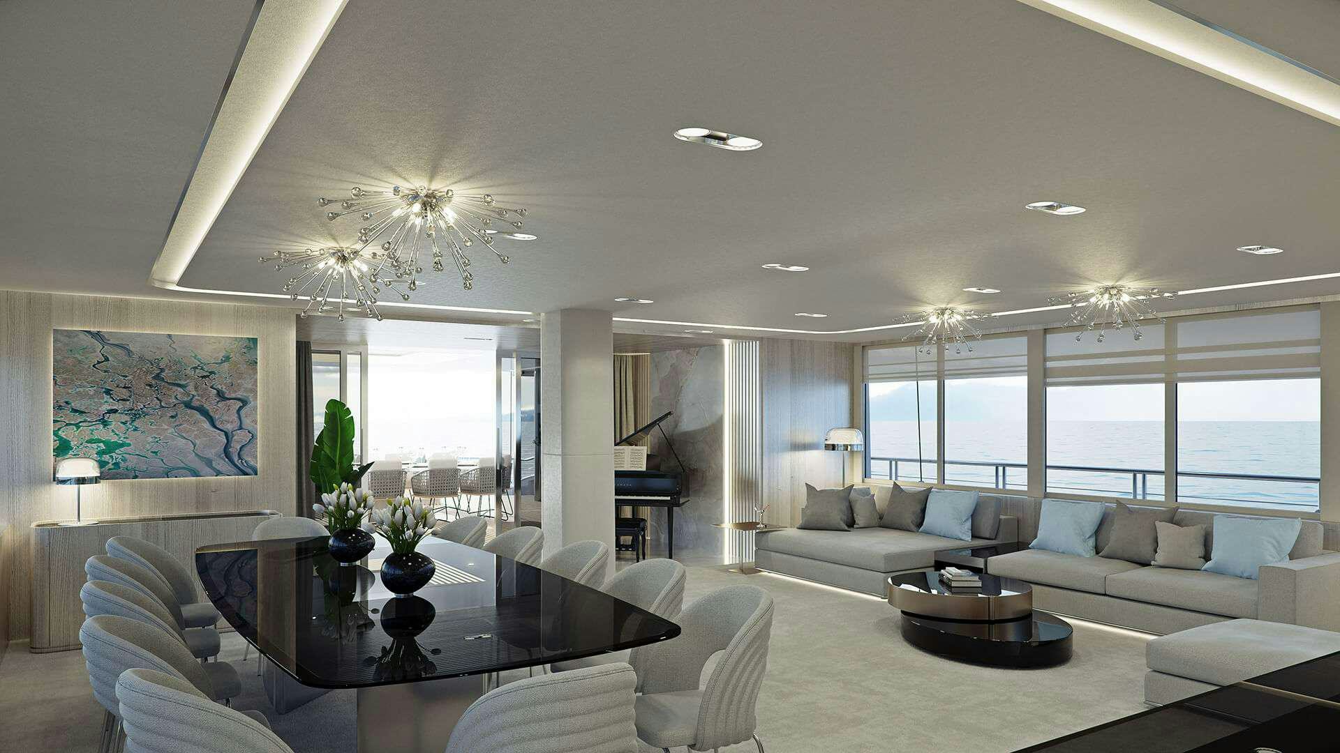 a living room with a large window aboard ADRI Yacht for Charter