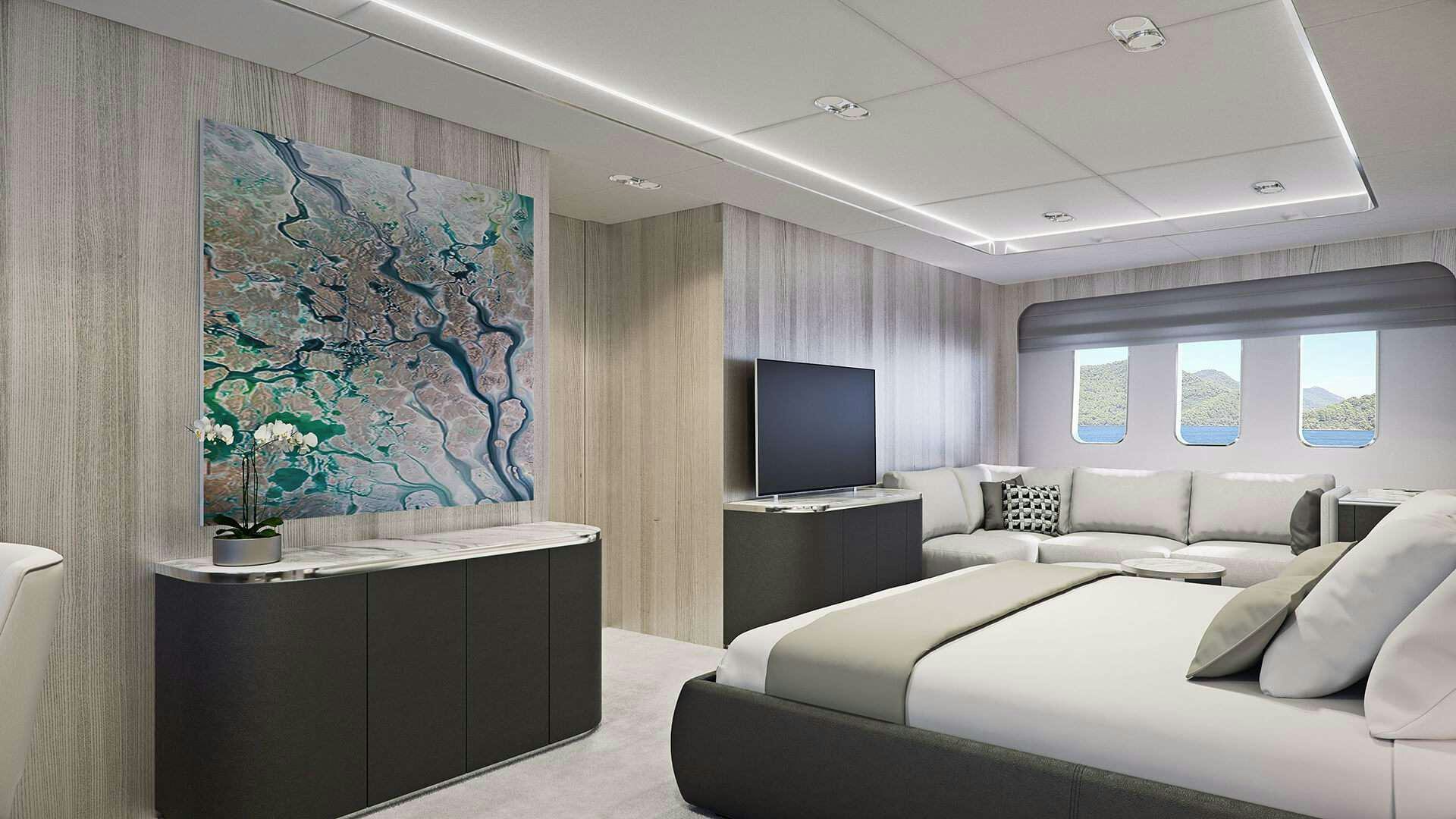 a room with a large painting aboard ADRI Yacht for Charter