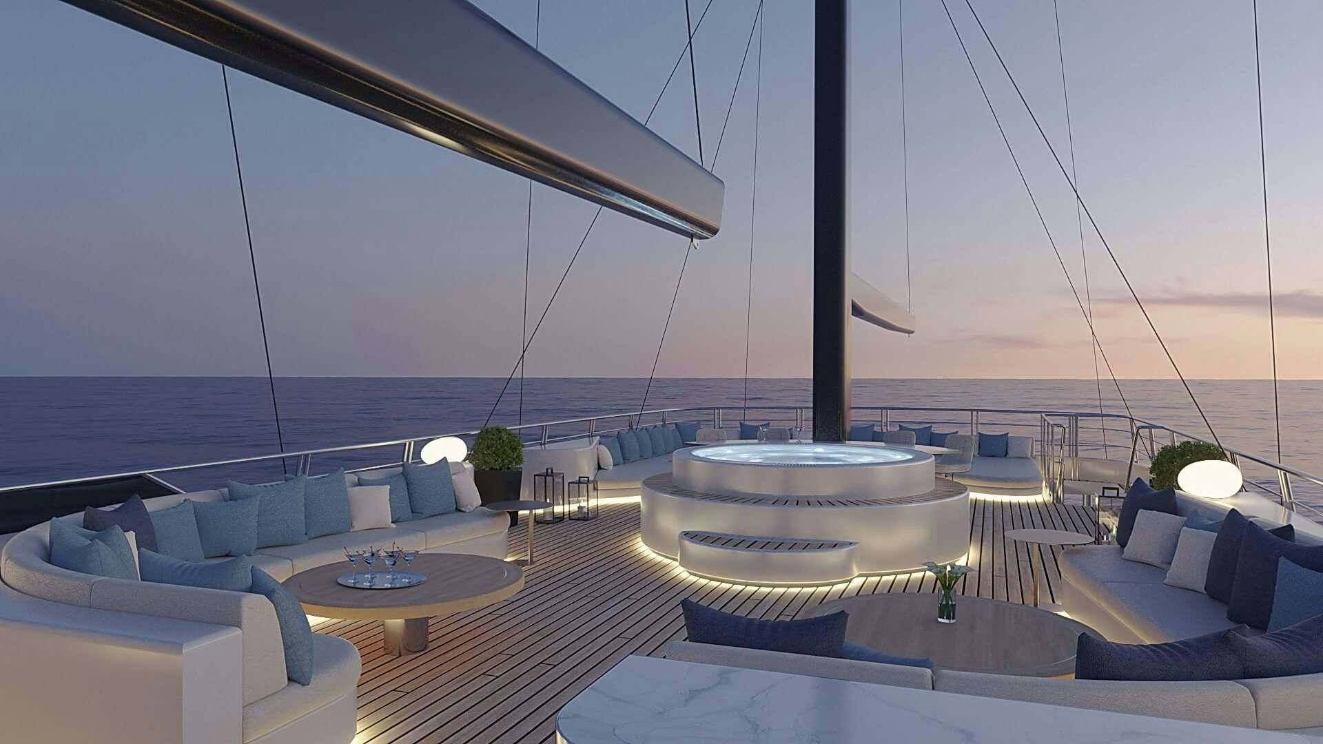 a large white lounge chair on a deck overlooking the ocean aboard ADRI Yacht for Charter