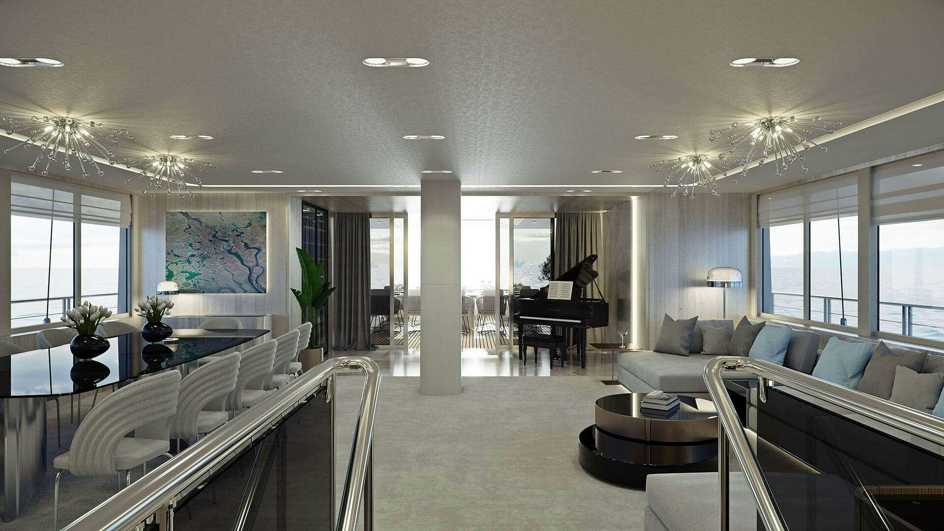 a large living room with a large white table and chairs aboard ADRI Yacht for Charter