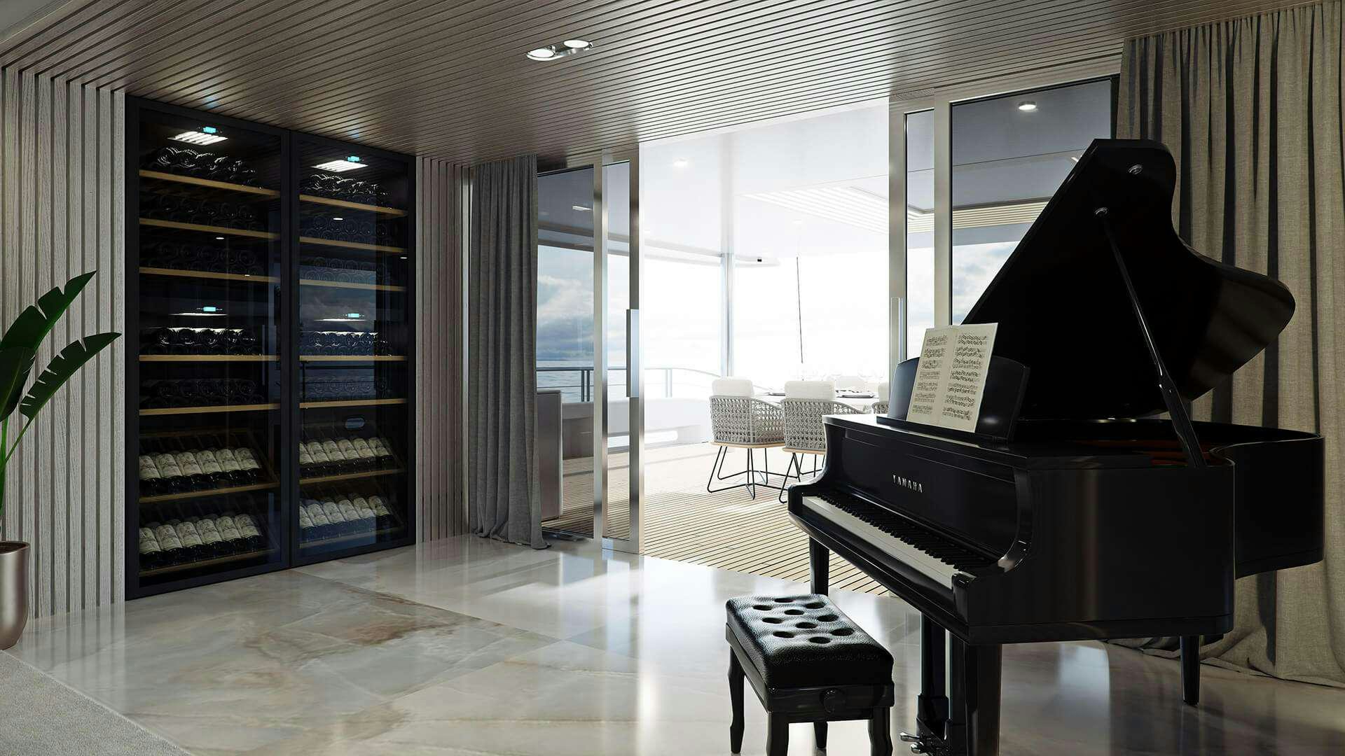 a room with a piano and a piano aboard ADRI Yacht for Charter