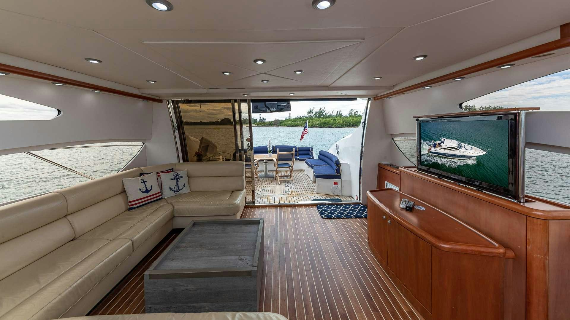 a boat with a large screen aboard AQUAHOLIC Yacht for Charter