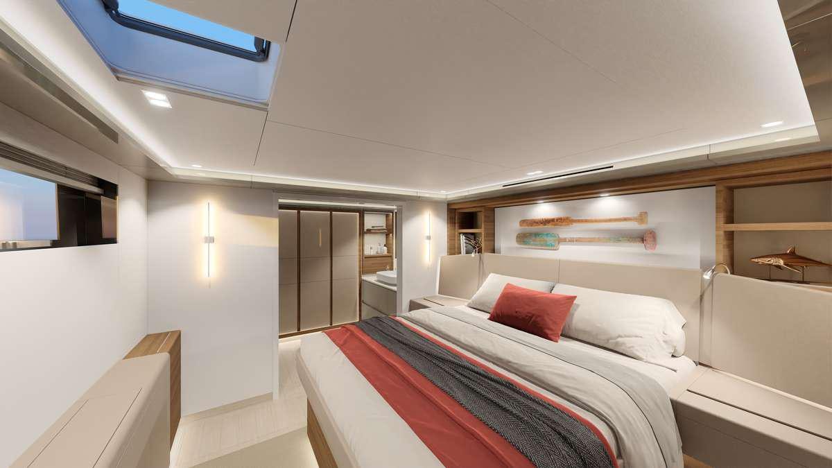a room with a bed and a desk aboard SERENISSIMA III Yacht for Charter