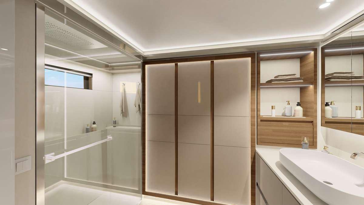 a bathroom with a glass shower aboard SERENISSIMA III Yacht for Charter