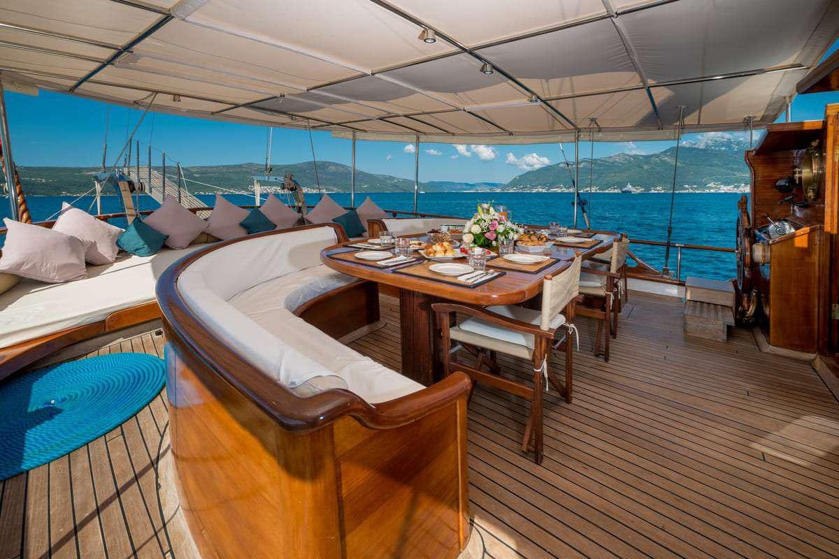 a room with a table and chairs aboard P Yacht for Charter