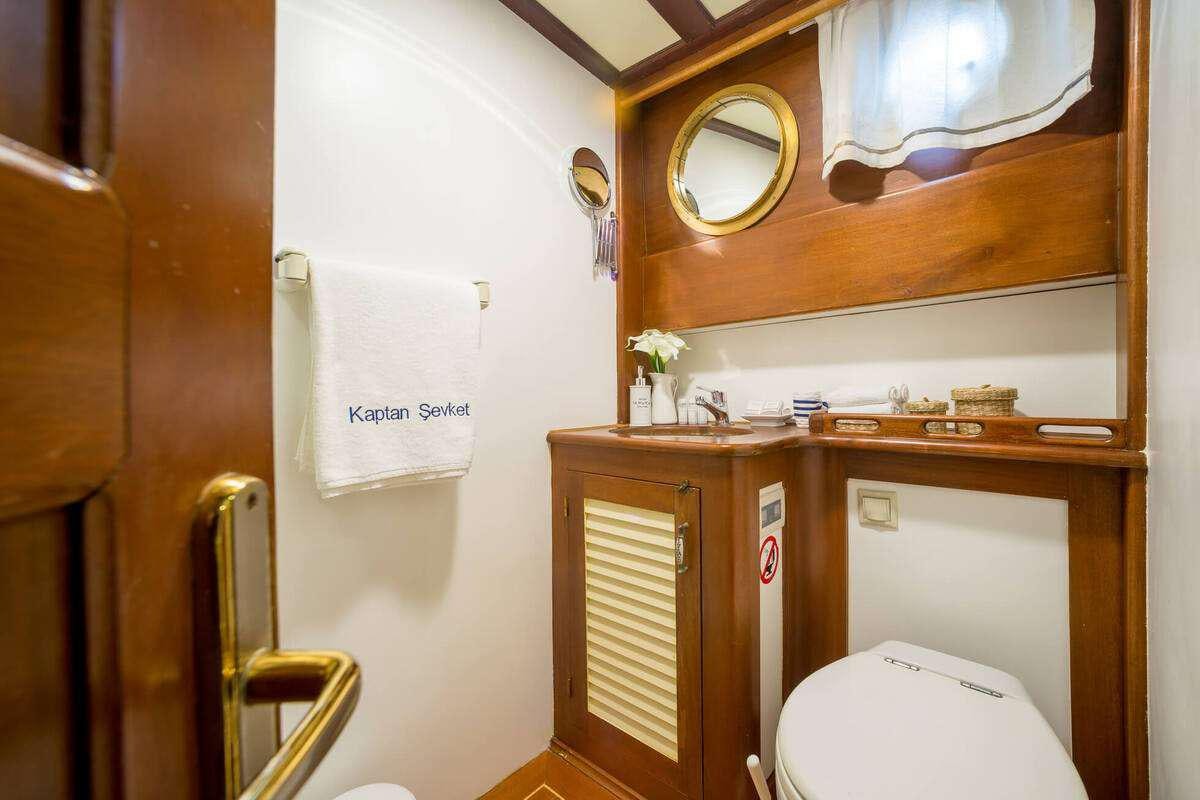 a bathroom with a toilet and a mirror aboard P Yacht for Charter