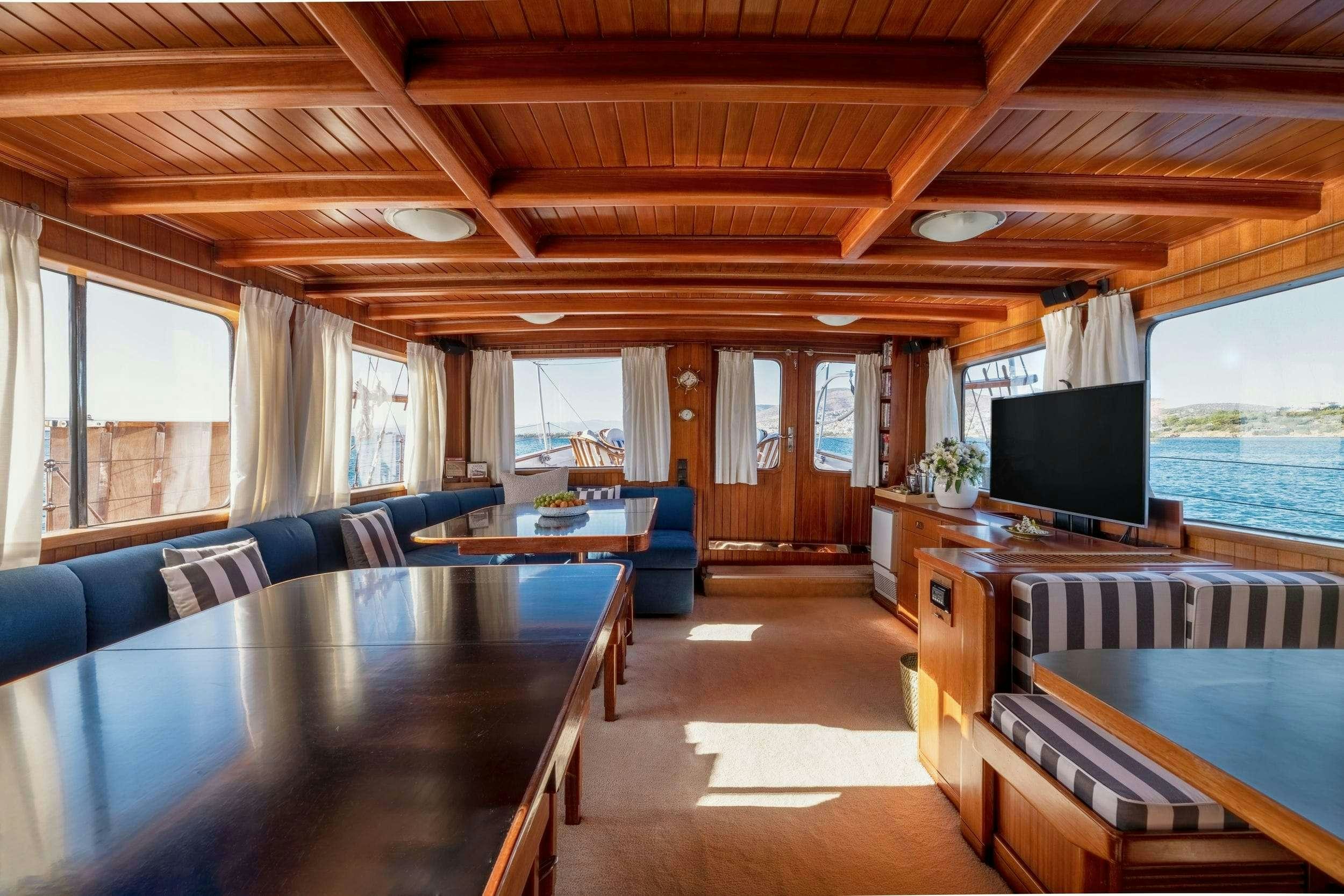 a room with a tv and a table aboard LITHI Yacht for Charter
