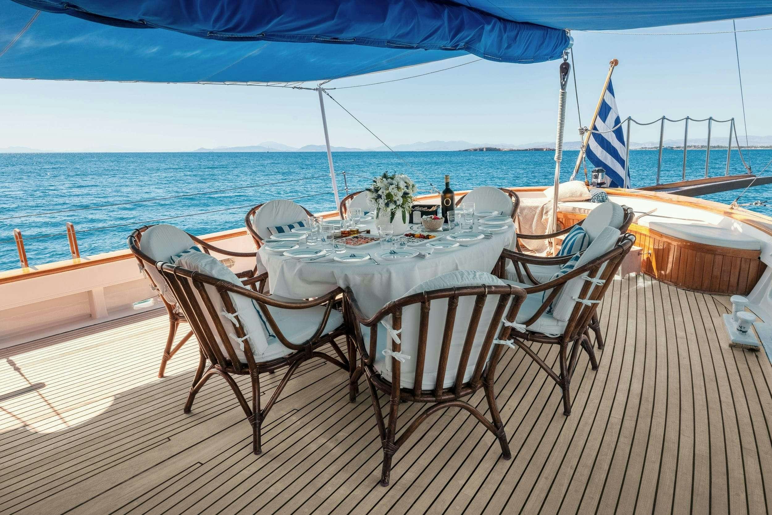 a table set up on a beach aboard LITHI Yacht for Charter