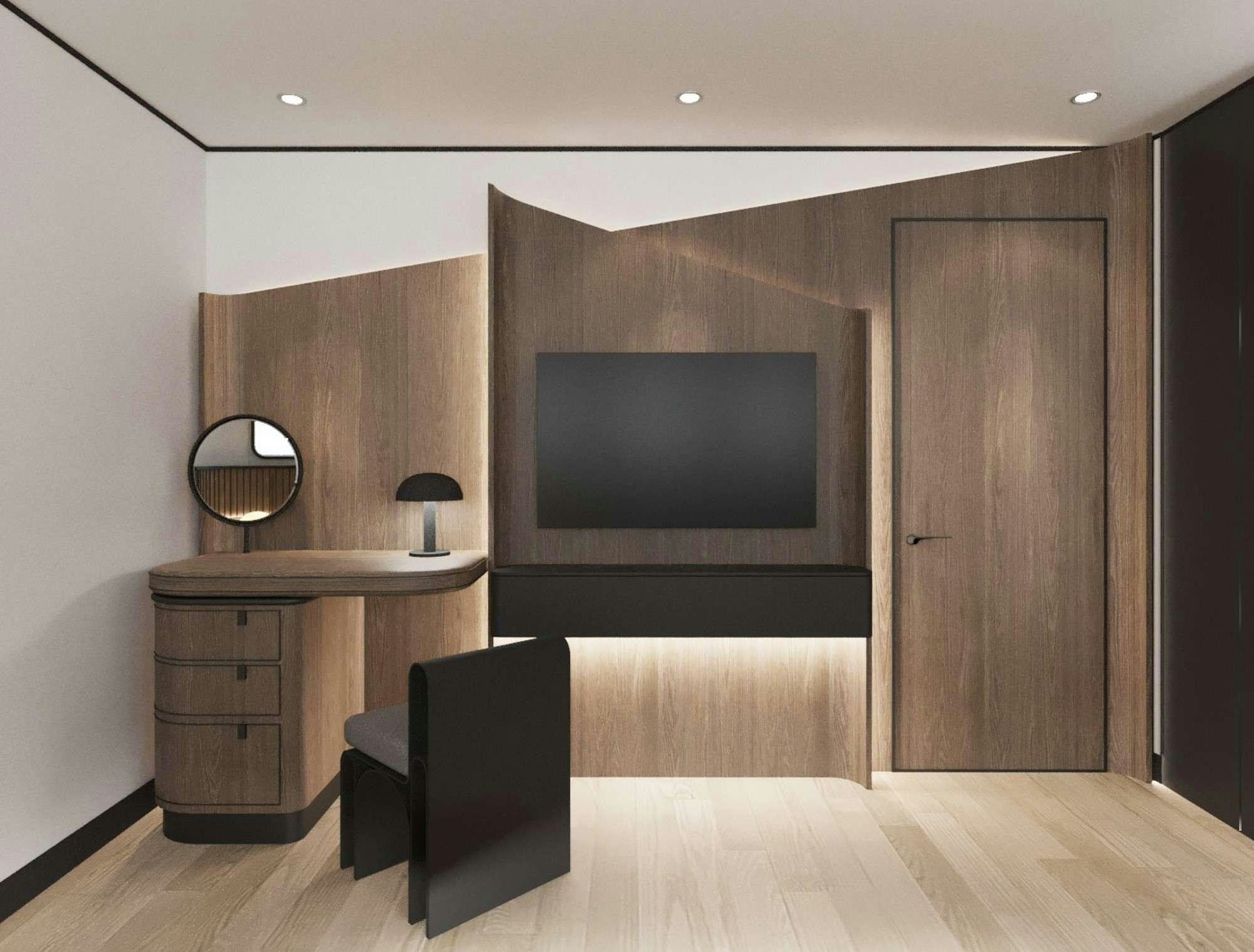 a room with a tv and a mirror aboard DE LOVE Yacht for Charter