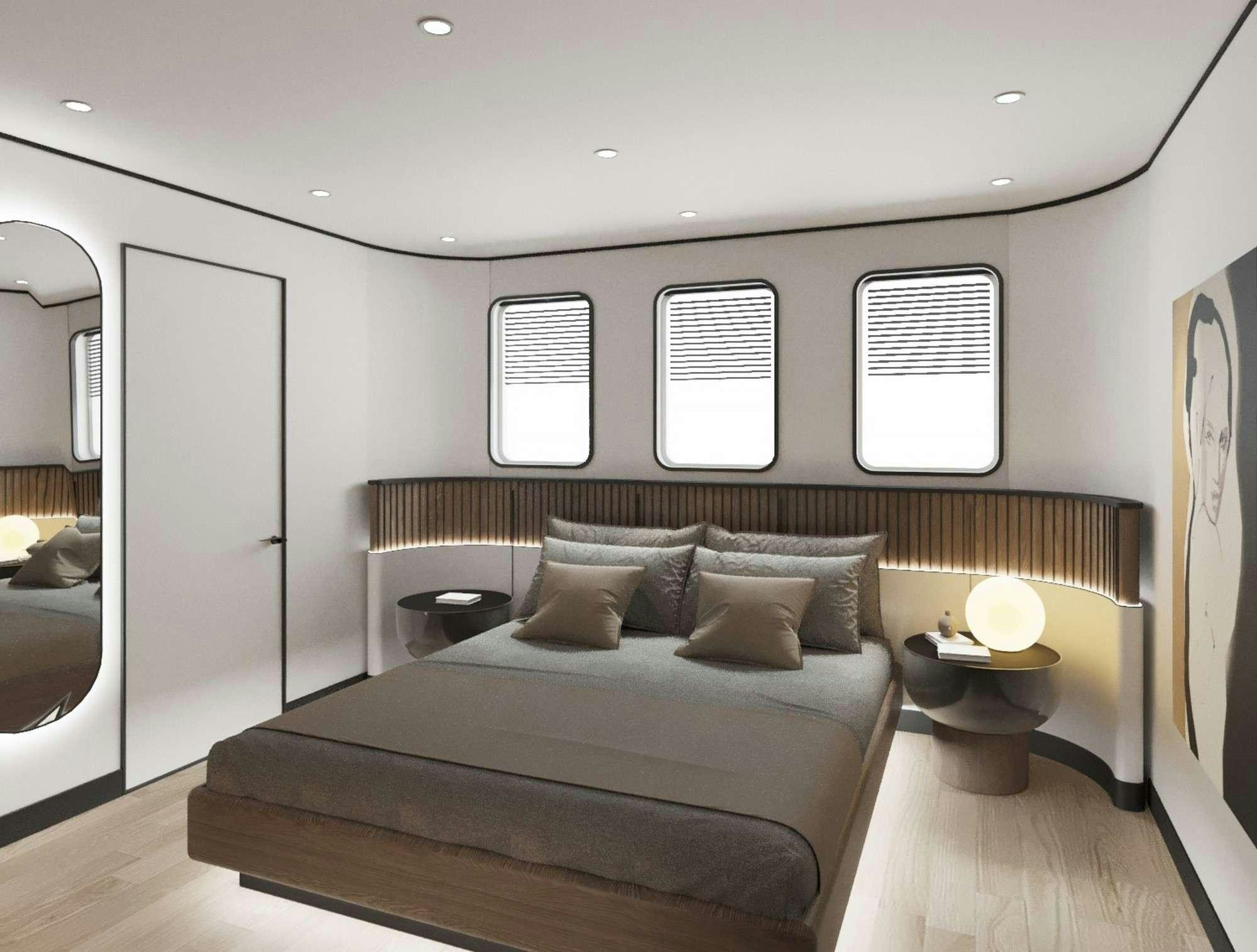 a bed in a room aboard DE LOVE Yacht for Charter