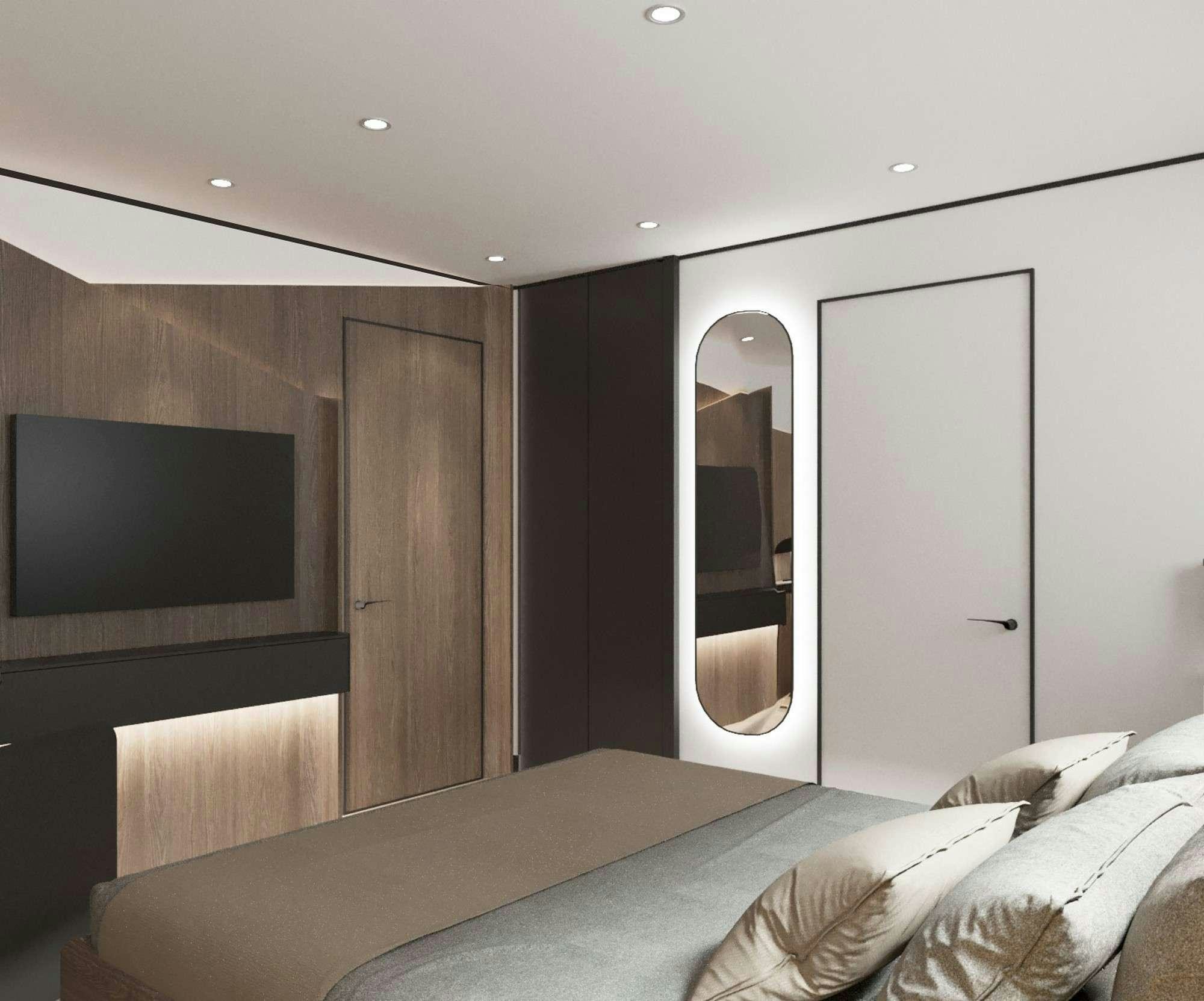a bedroom with a bed and a television aboard DE LOVE Yacht for Charter