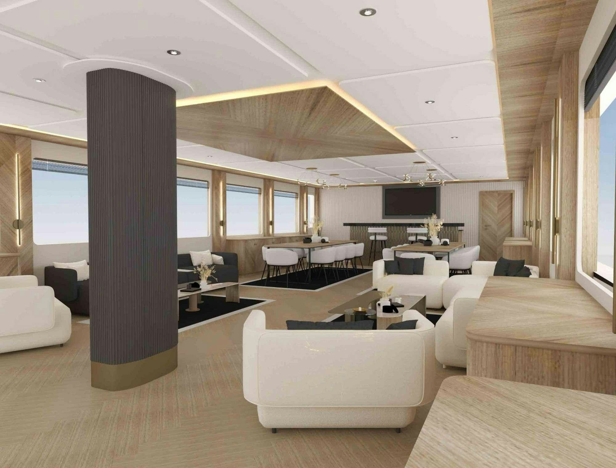 a large living room with a large window aboard KING OF THE SEA Yacht for Charter