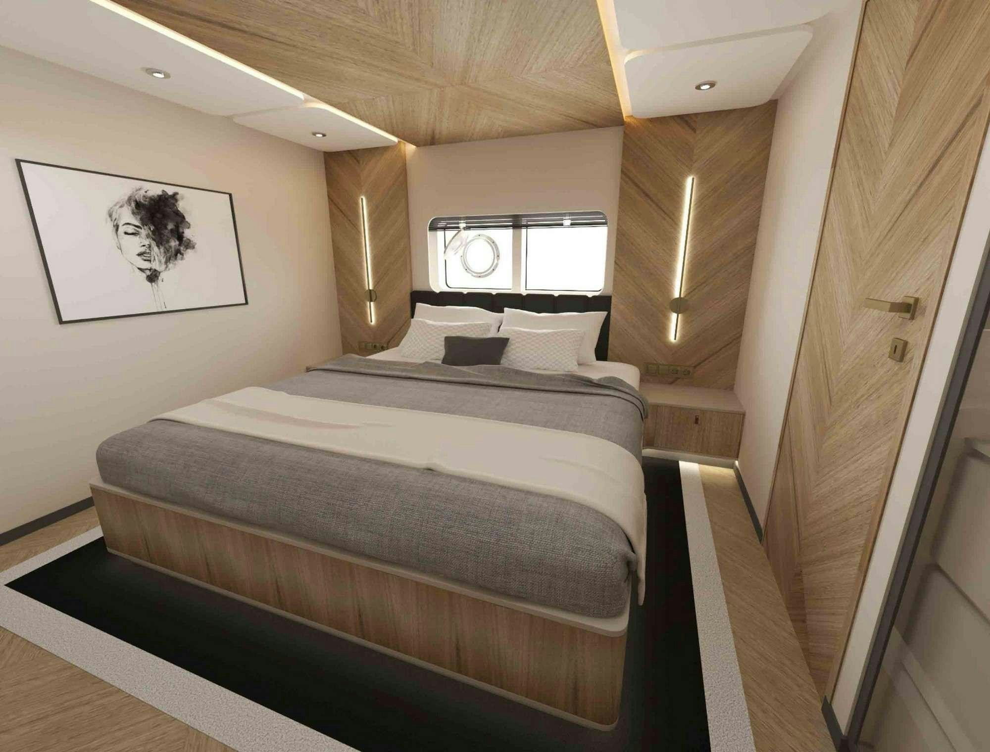 a bed in a room aboard KING OF THE SEA Yacht for Charter