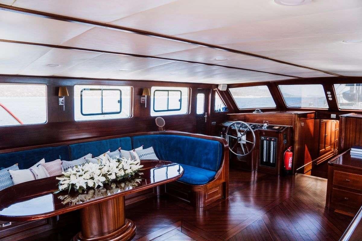 a room with a couch and a table aboard CAPRICORN ONE Yacht for Charter