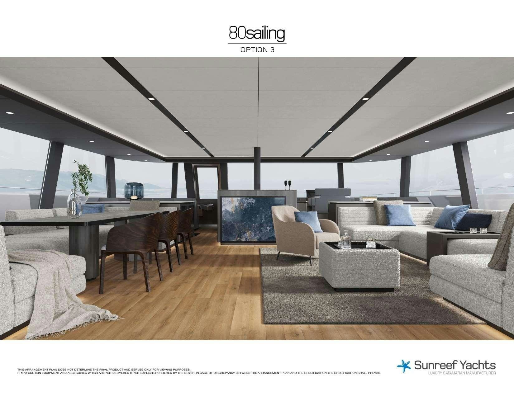 a modern living room with a large glass wall aboard HALCYON Yacht for Charter