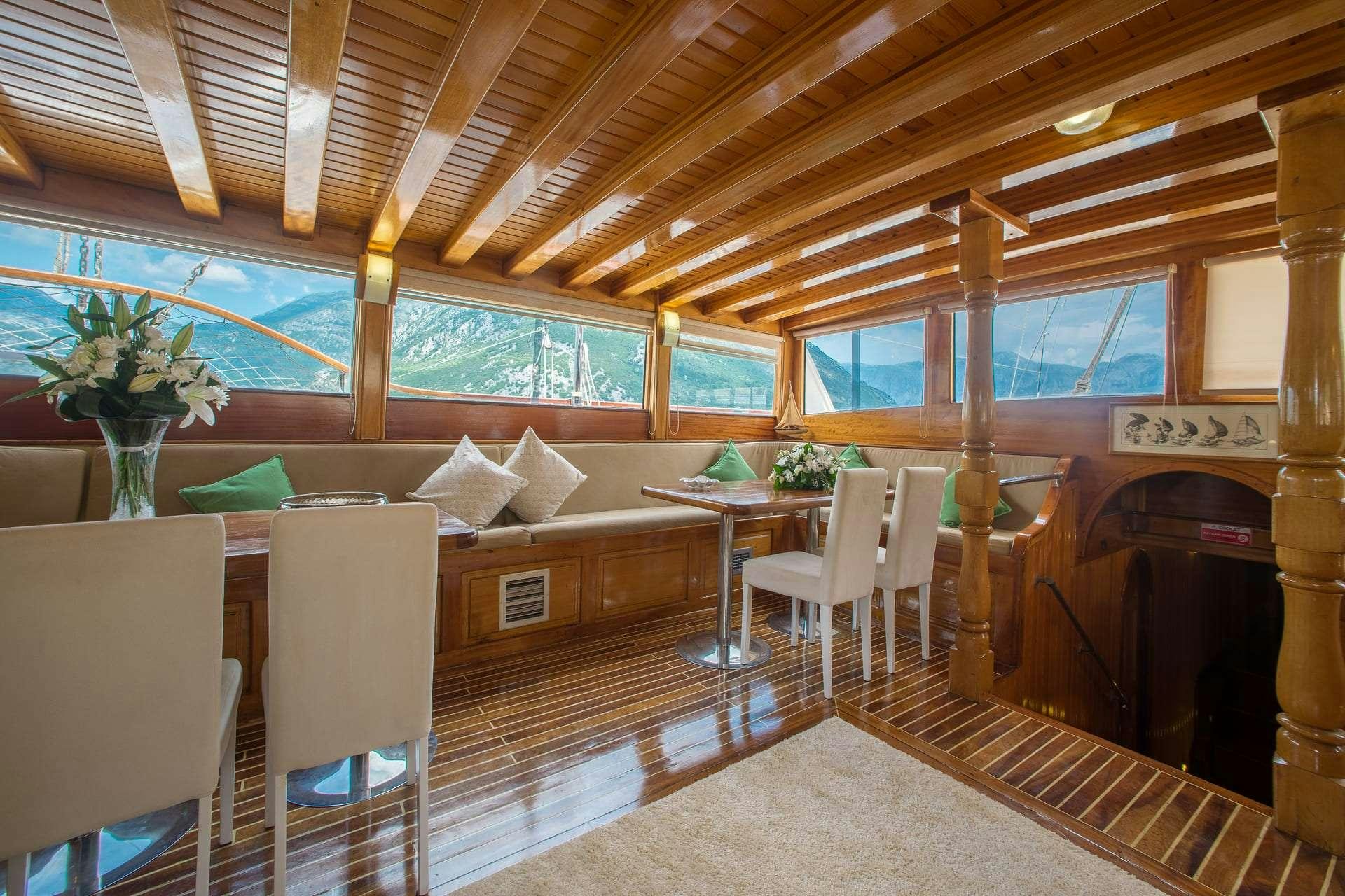 a room with tables and chairs aboard SADRI USTA Yacht for Charter