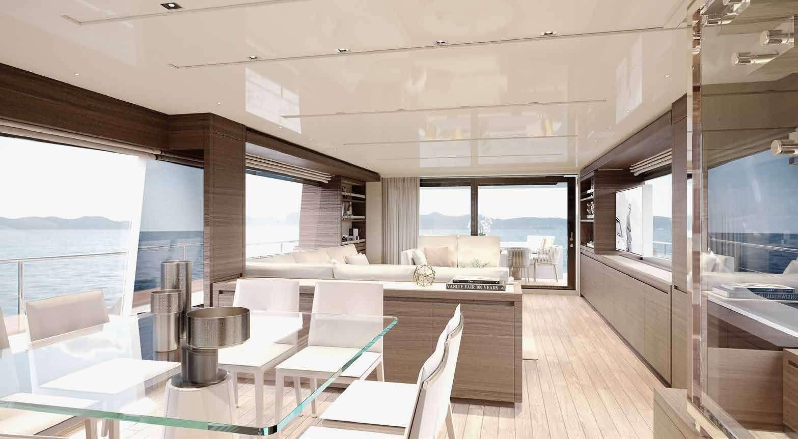 a room with a table chairs and a window aboard ASTRIMARE Yacht for Charter