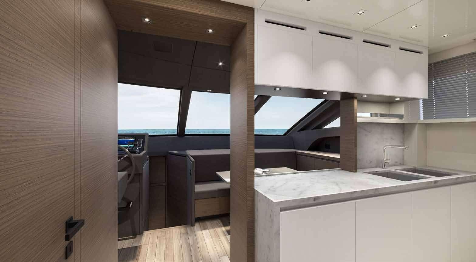 a kitchen with white cabinets aboard ASTRIMARE Yacht for Charter