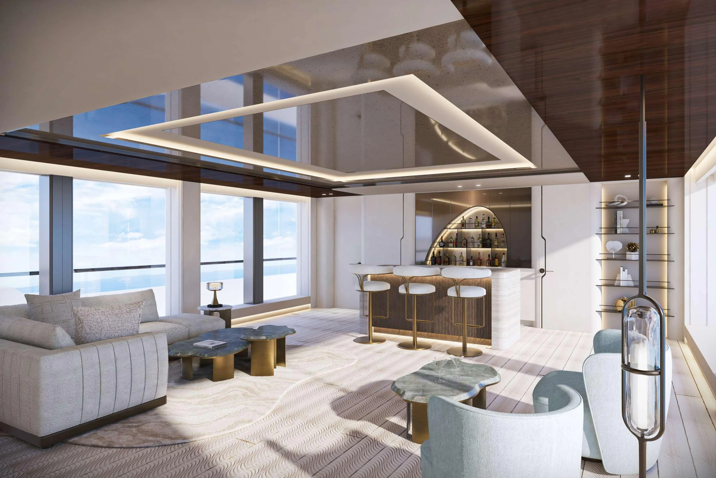 a living room with a fireplace aboard AXIOS Yacht for Charter