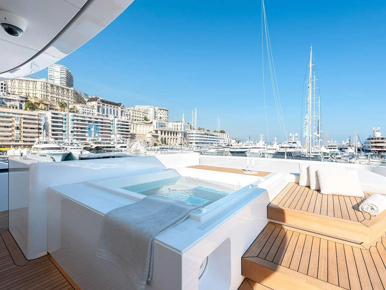 a rooftop view of a city aboard AXIOS Yacht for Charter