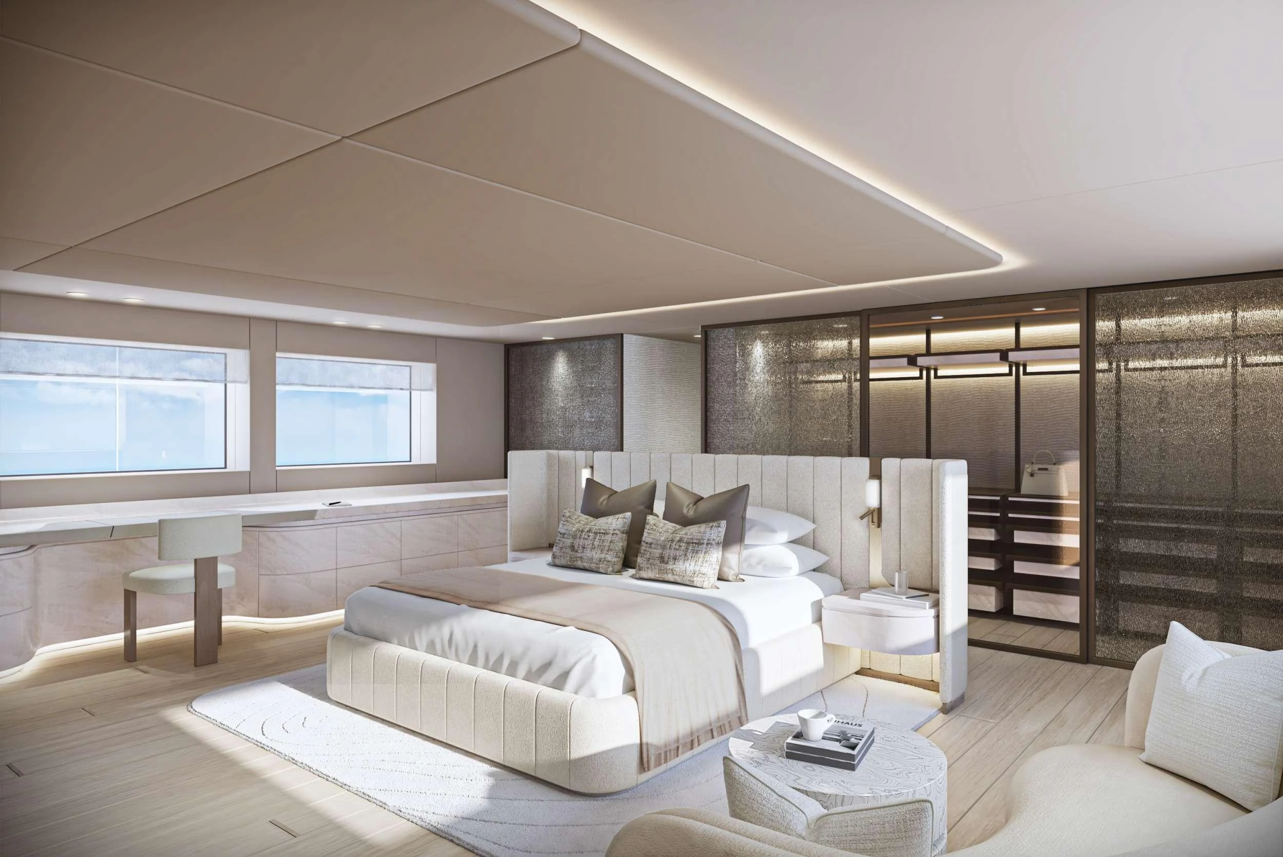 a modern bedroom with a large window aboard AXIOS Yacht for Charter
