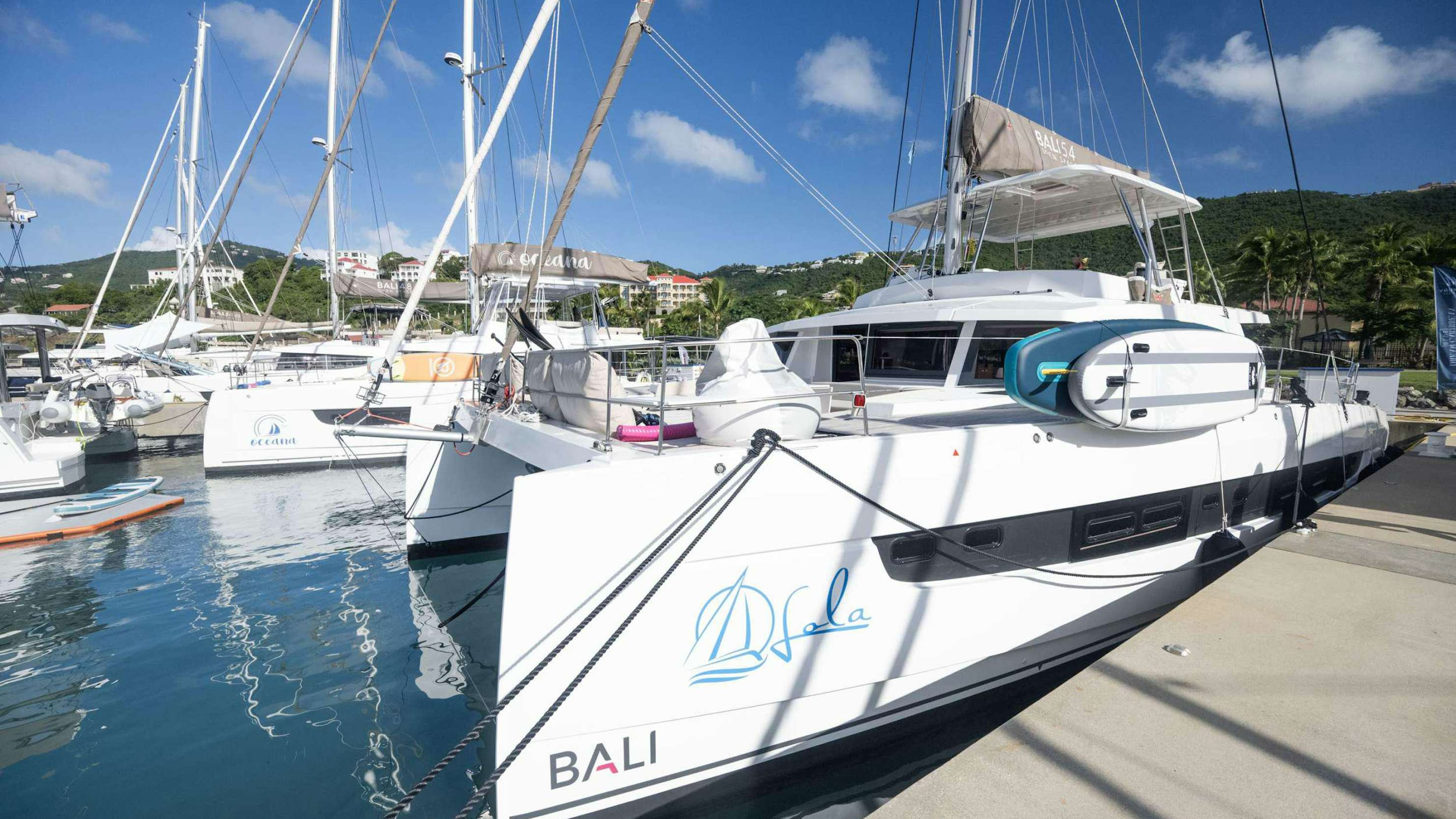 a group of boats are parked in a harbor aboard BAREFOOT BLISS Yacht for Charter
