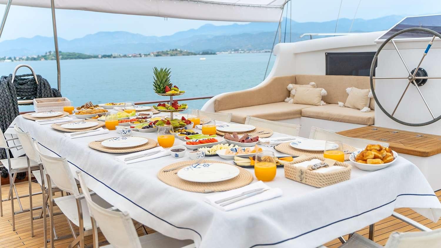 a table with food on it aboard HAPPY DAYS Yacht for Charter