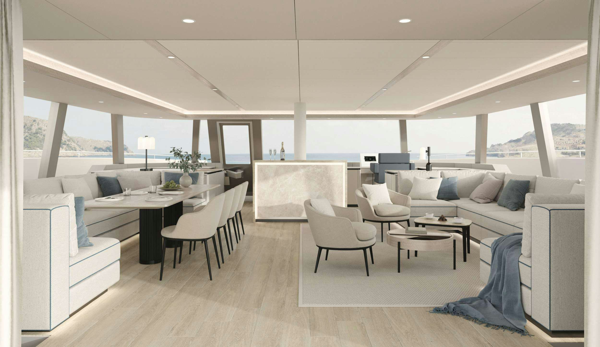 a room with a large window and a table with chairs and a couch aboard ENTRE4 Yacht for Charter