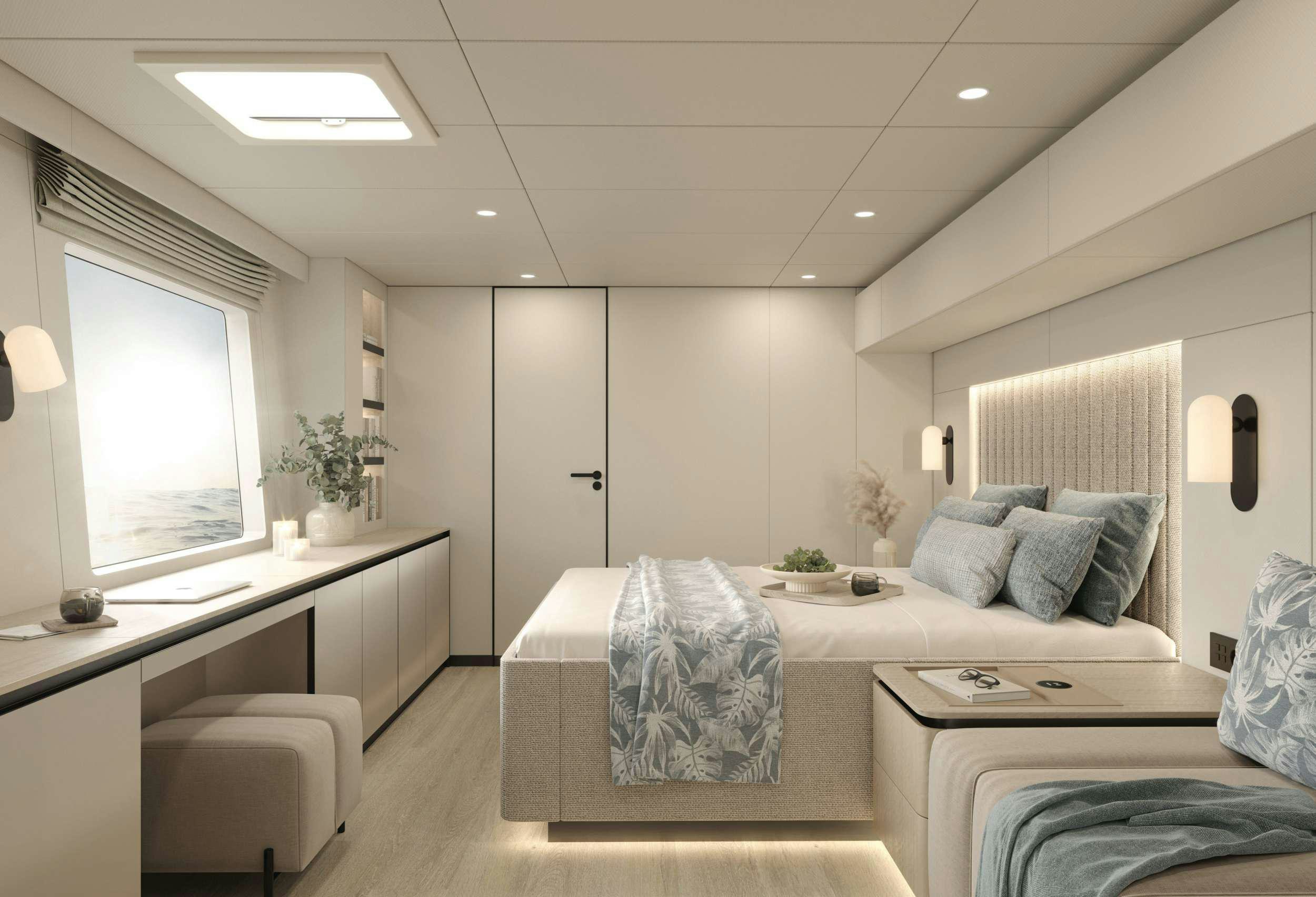 a modern bedroom with a white bed aboard ENTRE4 Yacht for Charter