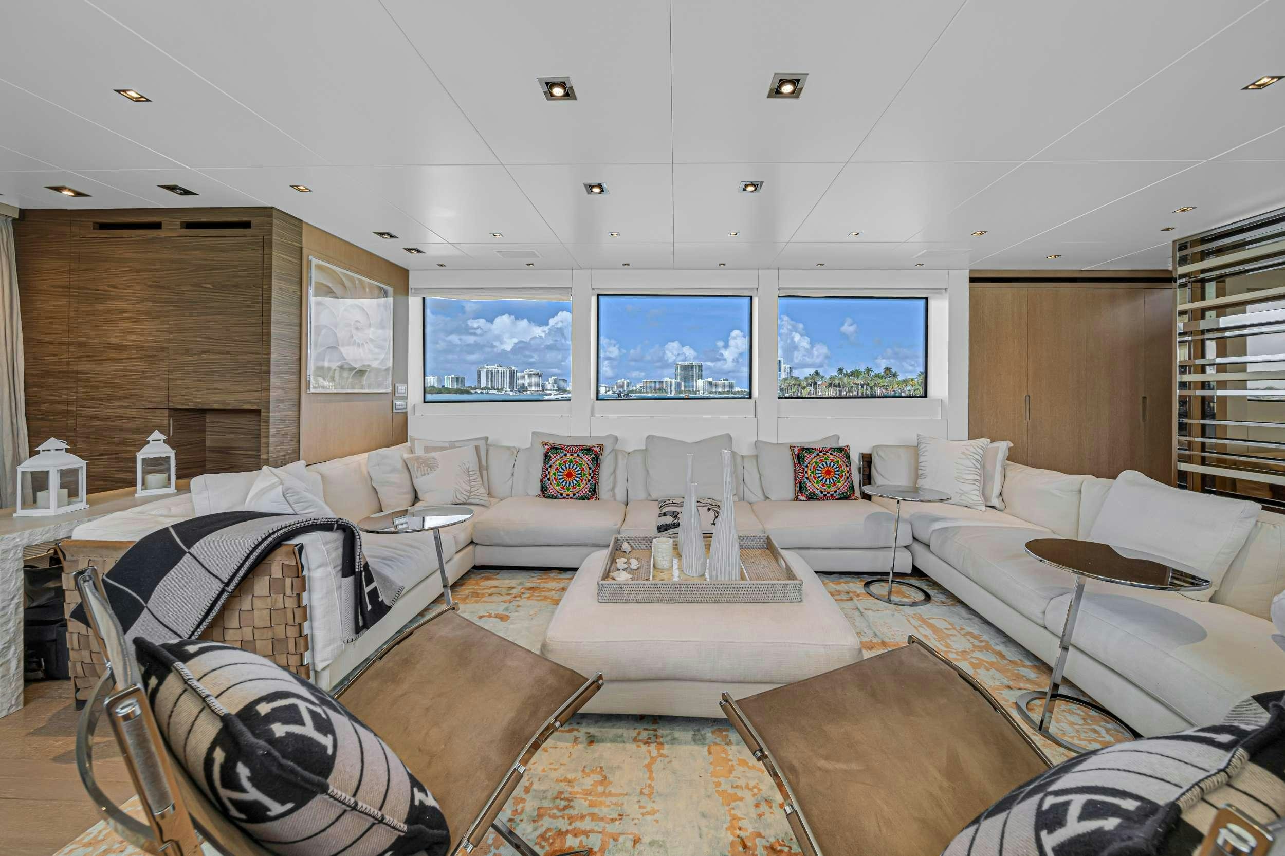 a living room with a large screen aboard ASTONISH Yacht for Charter