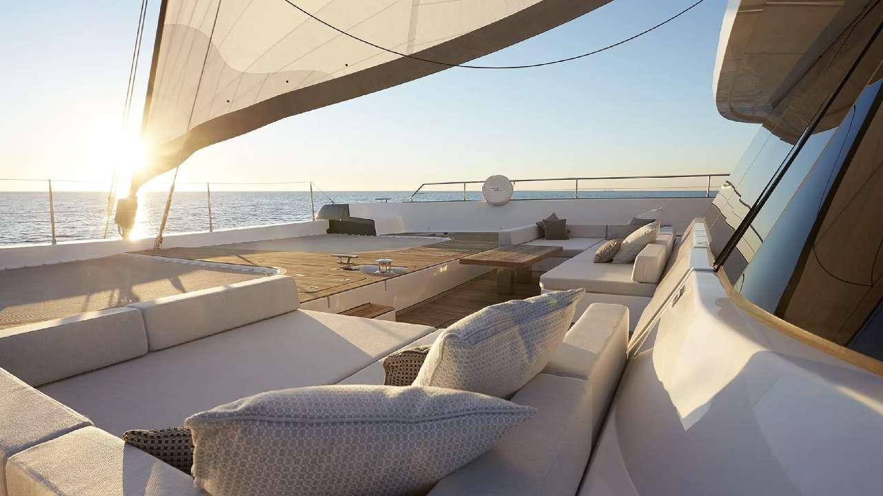 a room with a view of the ocean and the ocean aboard SHADES OF GREY Yacht for Charter
