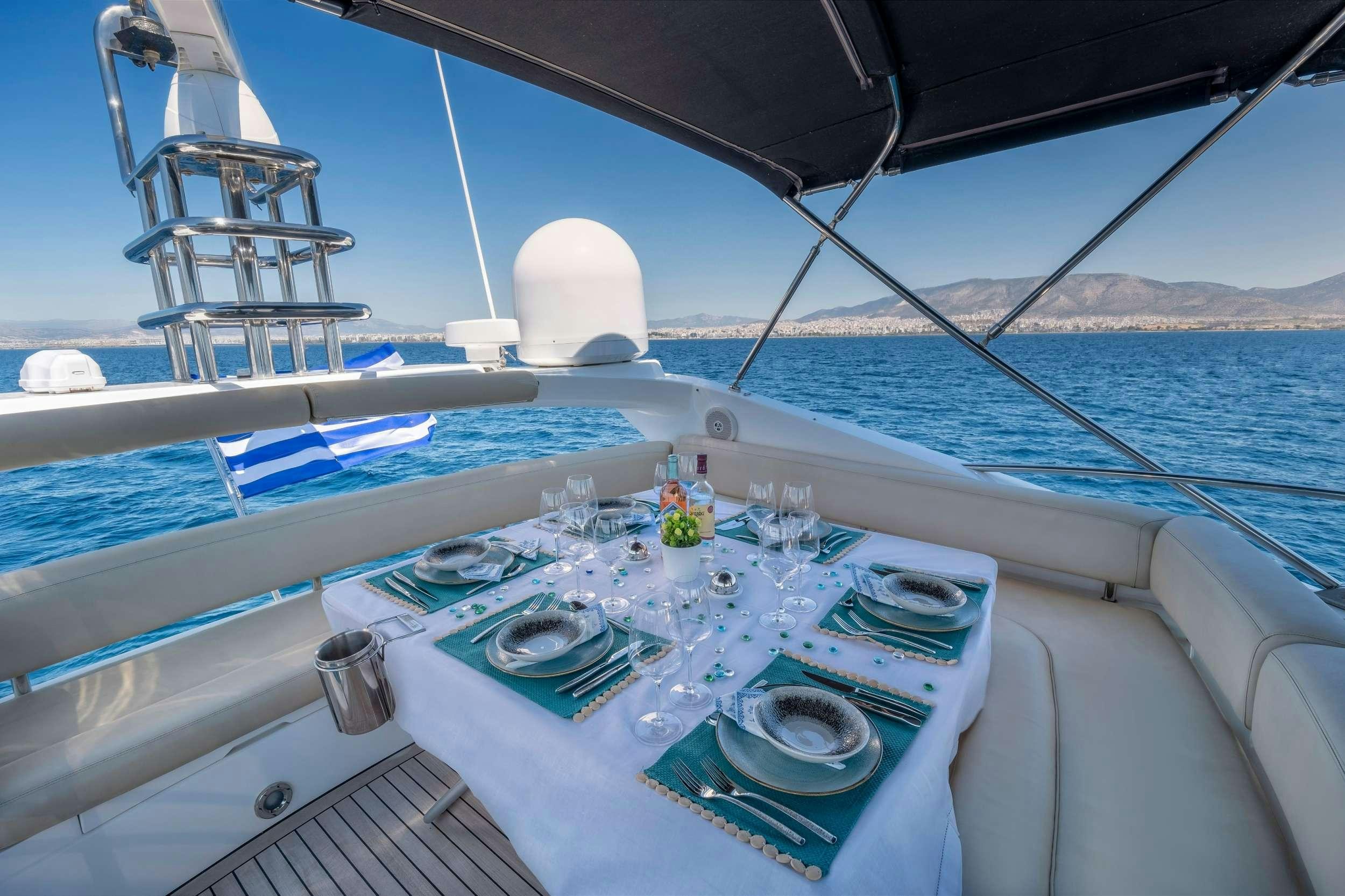 a boat with a tablecloth and plates on it aboard POLPO Yacht for Charter