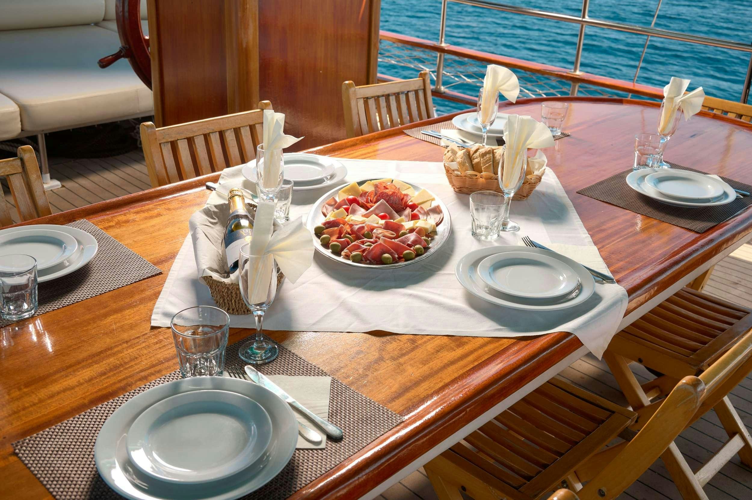 a table with plates and glasses on it aboard AGORA Yacht for Charter