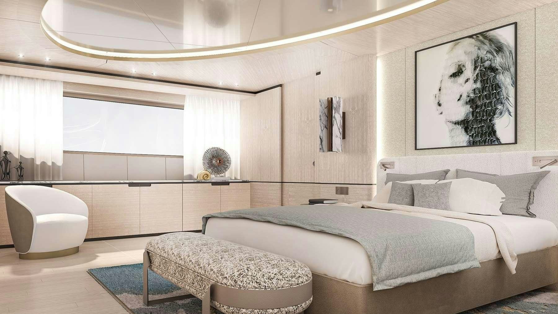 a room with a bed and a chair aboard UNIQUE S Yacht for Charter