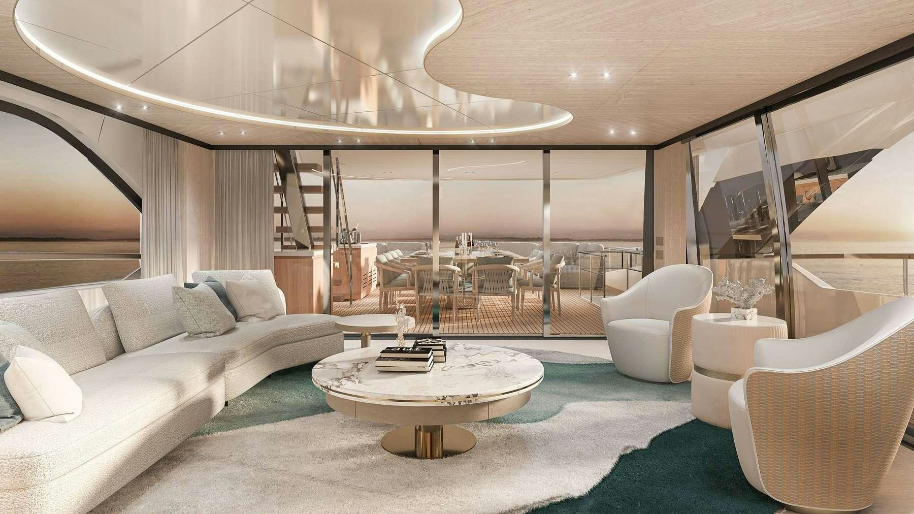a large living room with a large white table and chairs aboard UNIQUE S Yacht for Charter