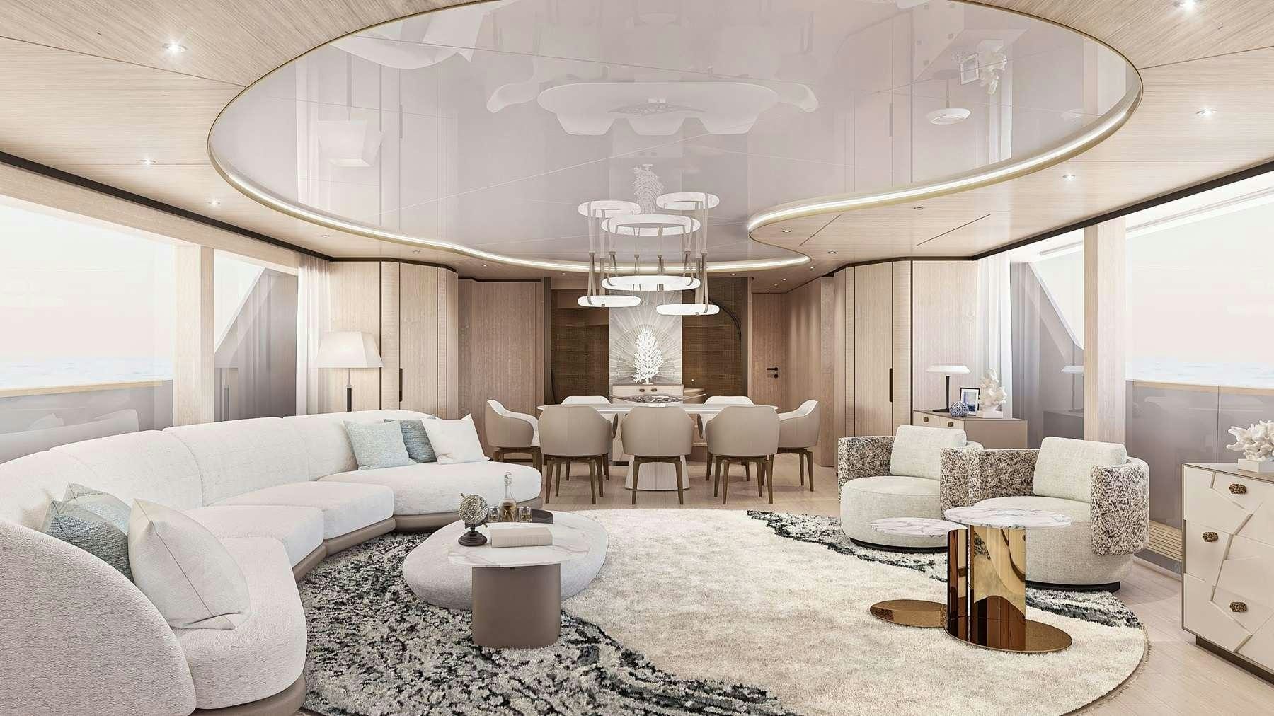 a living room with white furniture aboard UNIQUE S Yacht for Charter