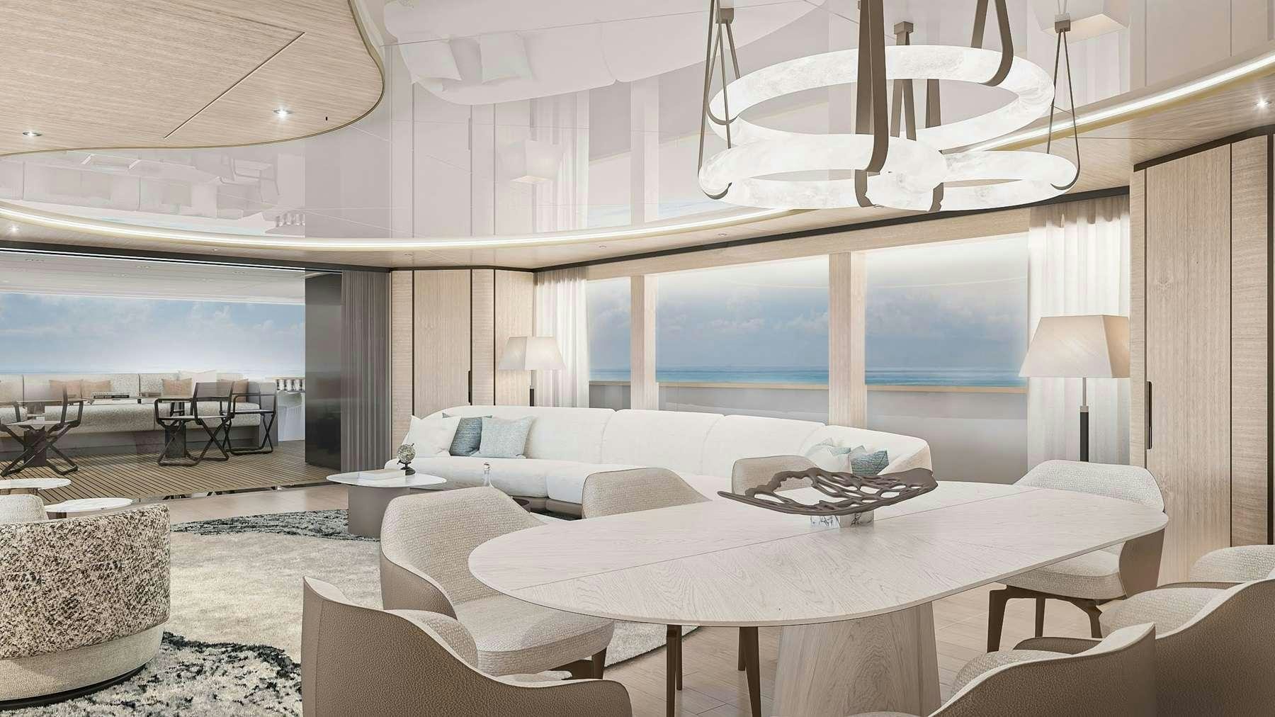 a room with a table chairs and a large window aboard UNIQUE S Yacht for Charter